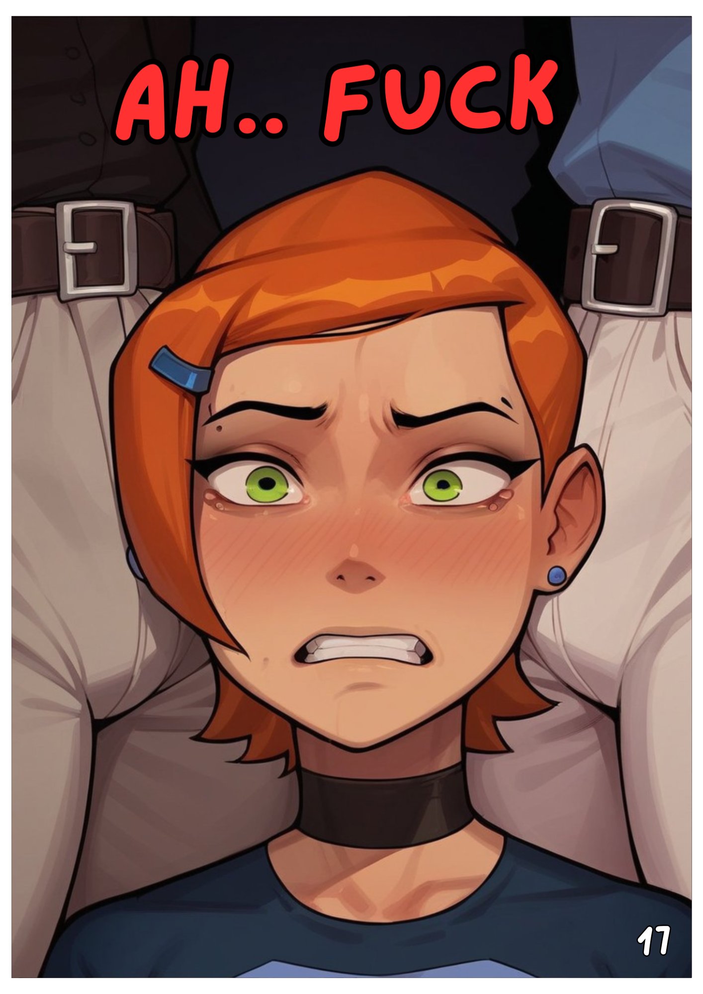 ai generated, artist request, ben 10, bulge, cartoon network, choker, close-up, comic page, concerned, crotch, face closeup, female, furbro, ginger, green eyes, gwen tennyson, imminent oral, imminent rape, imminent sex, number, panel, petite, petite female, short hair, tagme, teenage female, teenager, text, tiny female