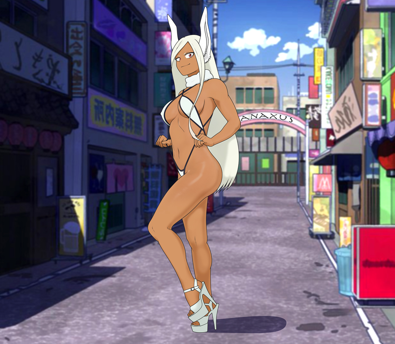 anaxus, breasts, dark skin, dark-skinned female, female, high heels, miruko, my hero academia, rumi usagiyama, swimsuit