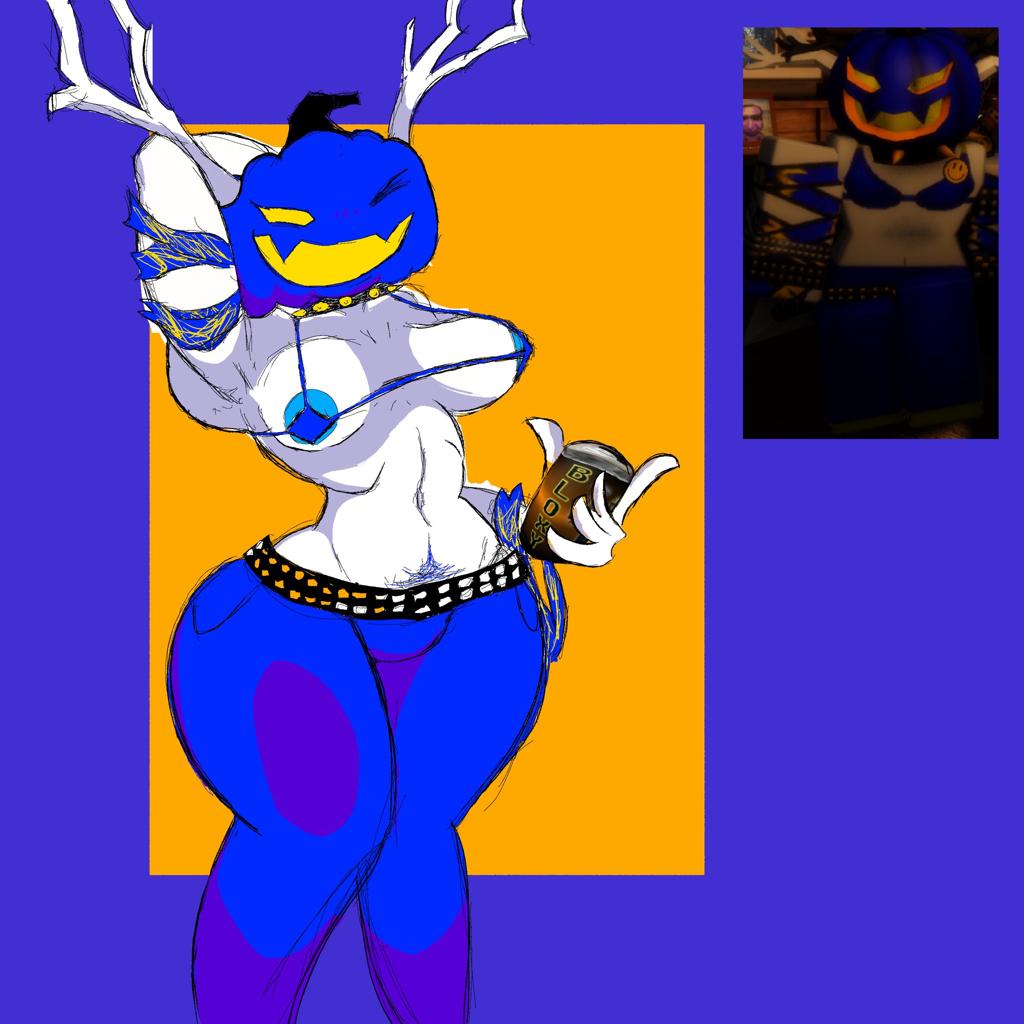 1girls, antlers, areola slip, areolae, armpits, belly, bloxy cola, bra, breasts, female, galcoweringinacupoard, medium breasts, pillar chase 2, pubic hair, pumpkin head, reference image, roblox, roblox avatar, roblox game, robloxian, standing, stomach, tagme, thick thighs, thighs, white skin, yellow eyes