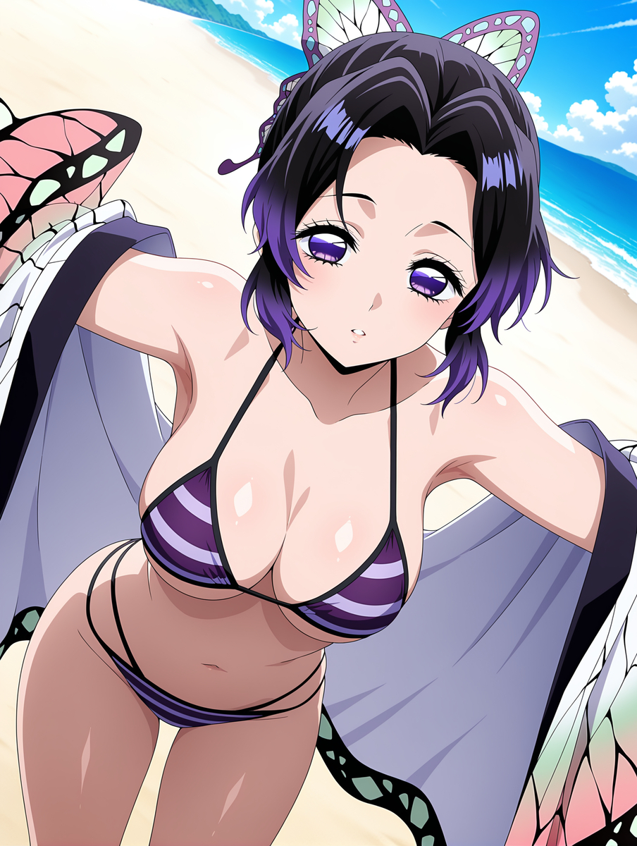 1girls, ai generated, bikini, demon slayer, female, kochou shinobu, purple bikini, solo, striped bikini