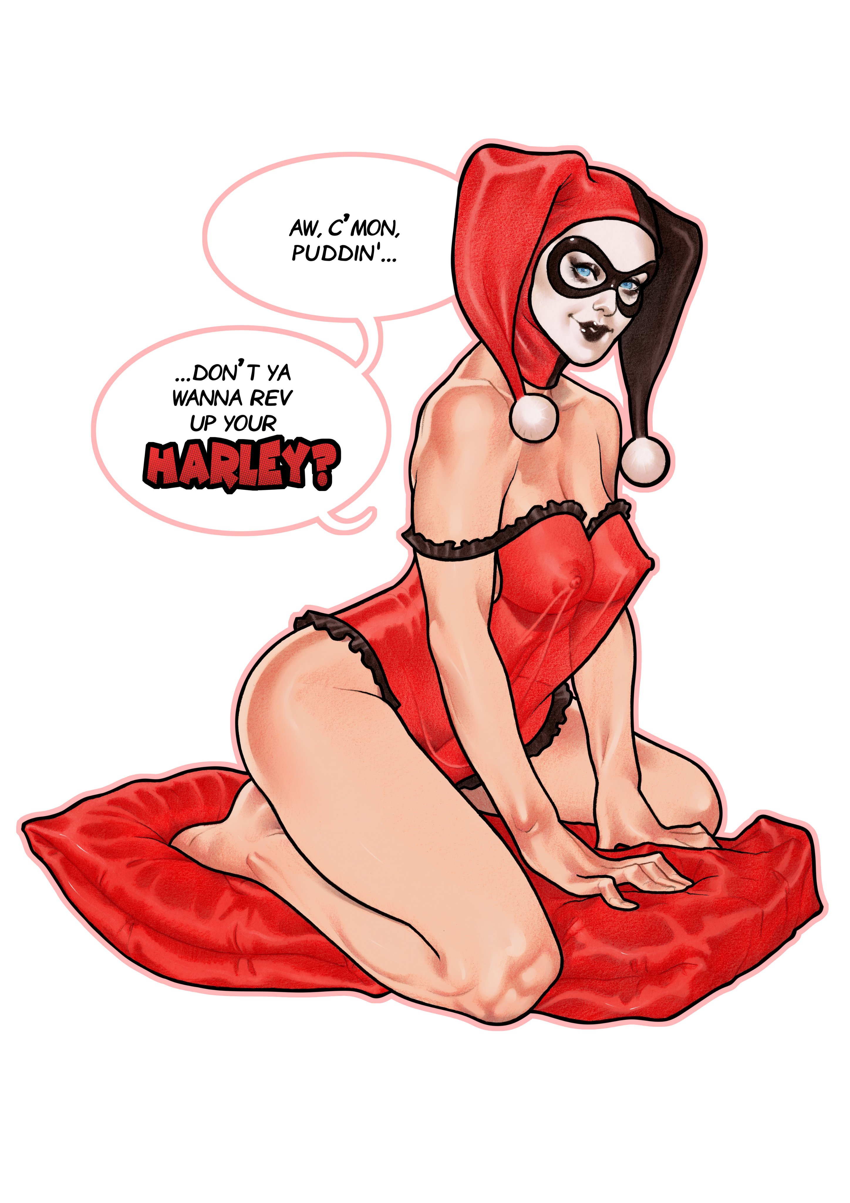1girls, 2d, barefoot, batman (series), blue eyes, breasts, clothing, color, dc, dc comics, english text, female, female only, harley quinn, harley quinn (classic), jester cap, kneeling, lace, lingerie, looking at viewer, lucas silva, makeup, nightgown, nipples, on knees, solo, speech bubble, talking to viewer, villain, villainess, visible nipples, white background