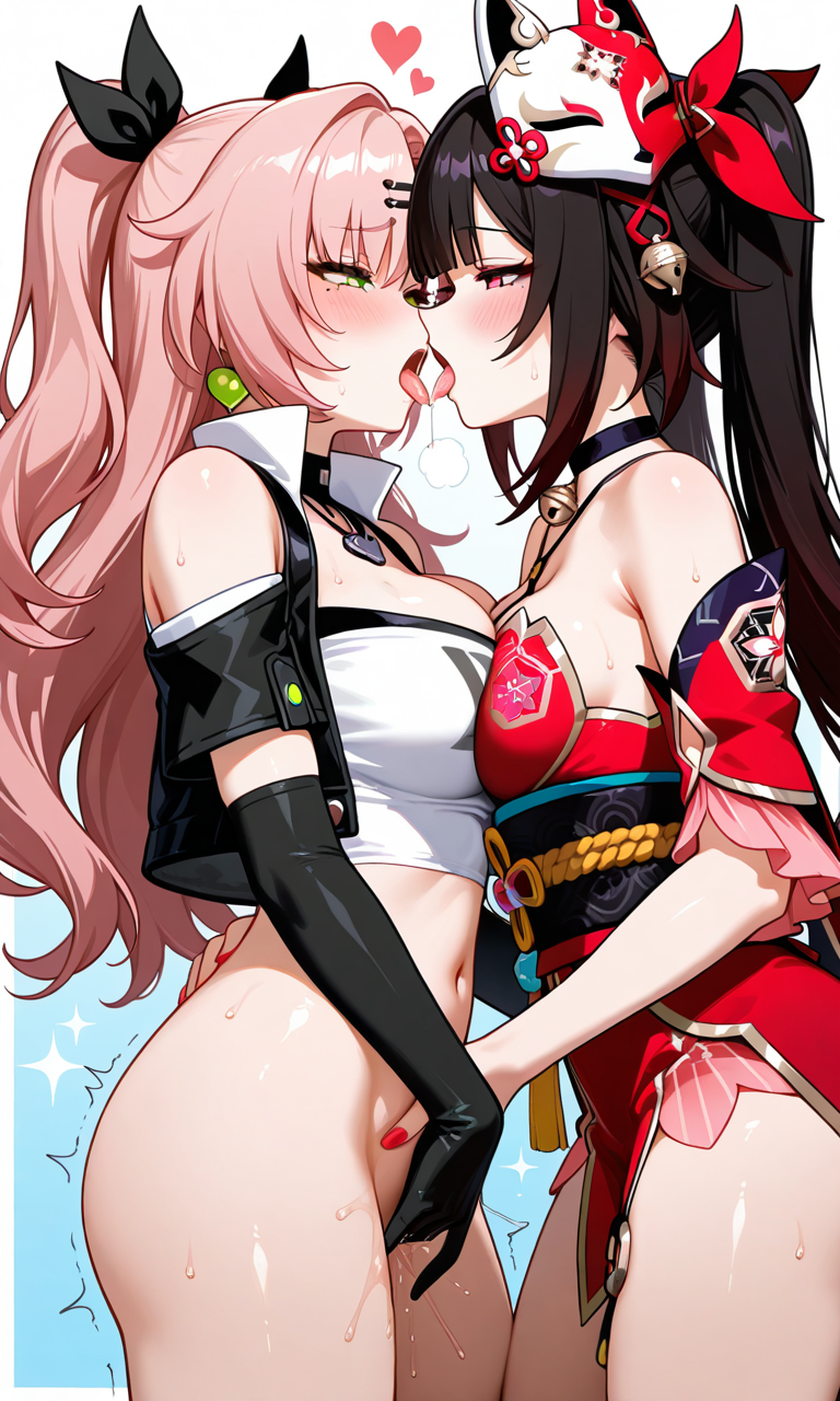 2girls ai_generated ass bell_collar black_hair breasts female french_kiss green_eyes hand_on_pussy honkai:_star_rail honkai_(series) mask nicole_demara open_mouth pink_eyes pink_hair saliva sparkle_(honkai:_star_rail) twintails yuri zenless_zone_zero