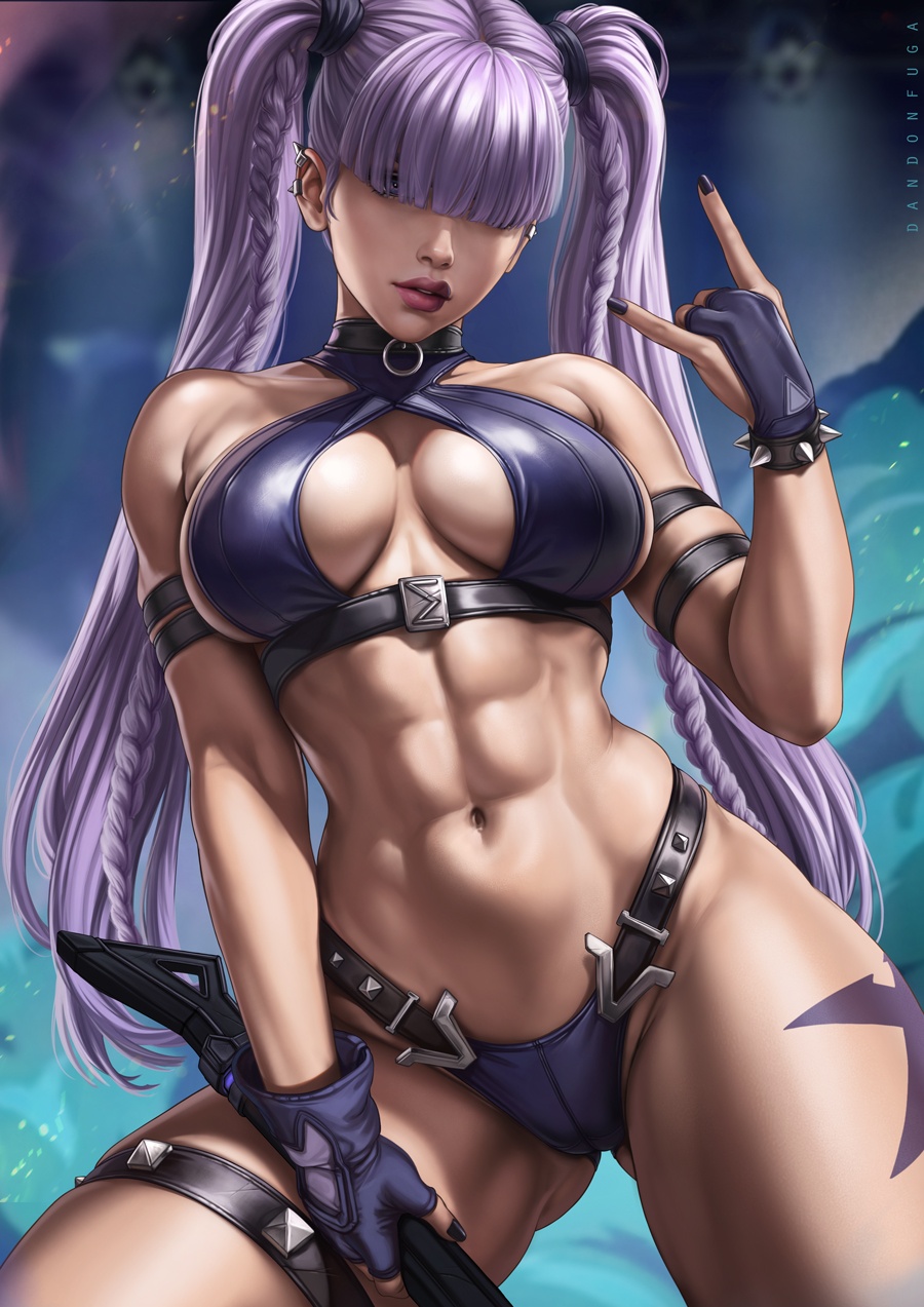 1girls, abs, alternate costume, athletic female, big breasts, breasts, child bearing hips, dandon fuga, female, female human, female solo, fit female, full lips, hair over eyes, human, large breasts, light skin, light-skinned female, long hair, magik (illyana rasputin), magik (marvel rivals), magik (punkchild), marvel, marvel comics, marvel rivals, mature female, muscular, muscular female, purple hair, semi nude, slim waist, thigh strap, twintails, wide hips