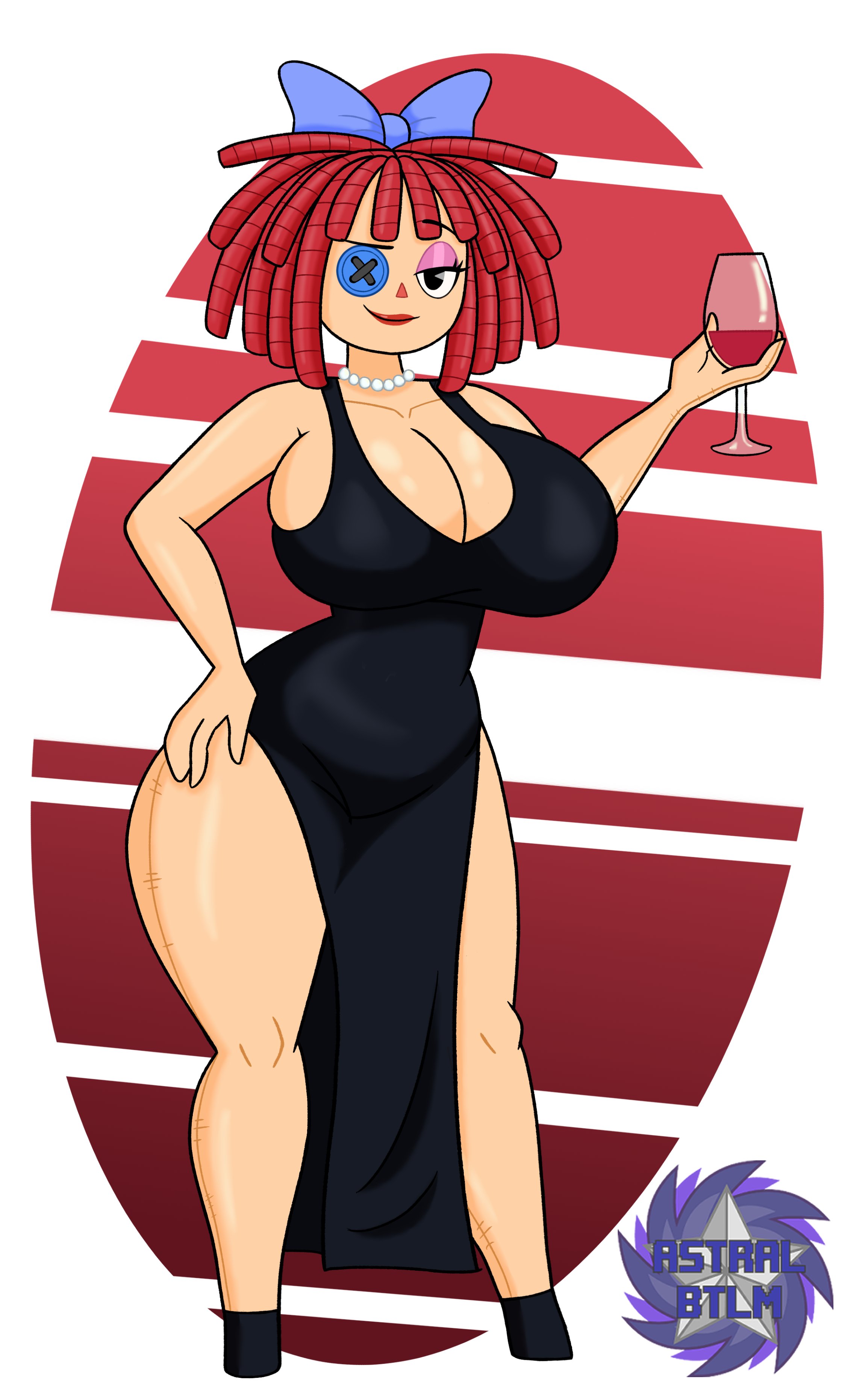 1girls, 2025, artist logo, artist name, ass, astralbtlm, bead necklace, beads, big ass, big breasts, black dress, bow, bow in hair, breasts, button, button eye, clothed, clothed female, clothing, doll, doll girl, dress, drinking glass, english, english text, female, female focus, female only, fully clothed, fully clothed female, glass, glitch productions, gooseworx, hand on hip, huge breasts, light skin, light-skinned female, mafia, ragatha (the amazing digital circus), red hair, red-haired female, redhead female, solo, solo female, solo focus, stitch (sewing), stitched leg, stitches, stubby feet, text, the amazing digital circus, thick thighs, thighs