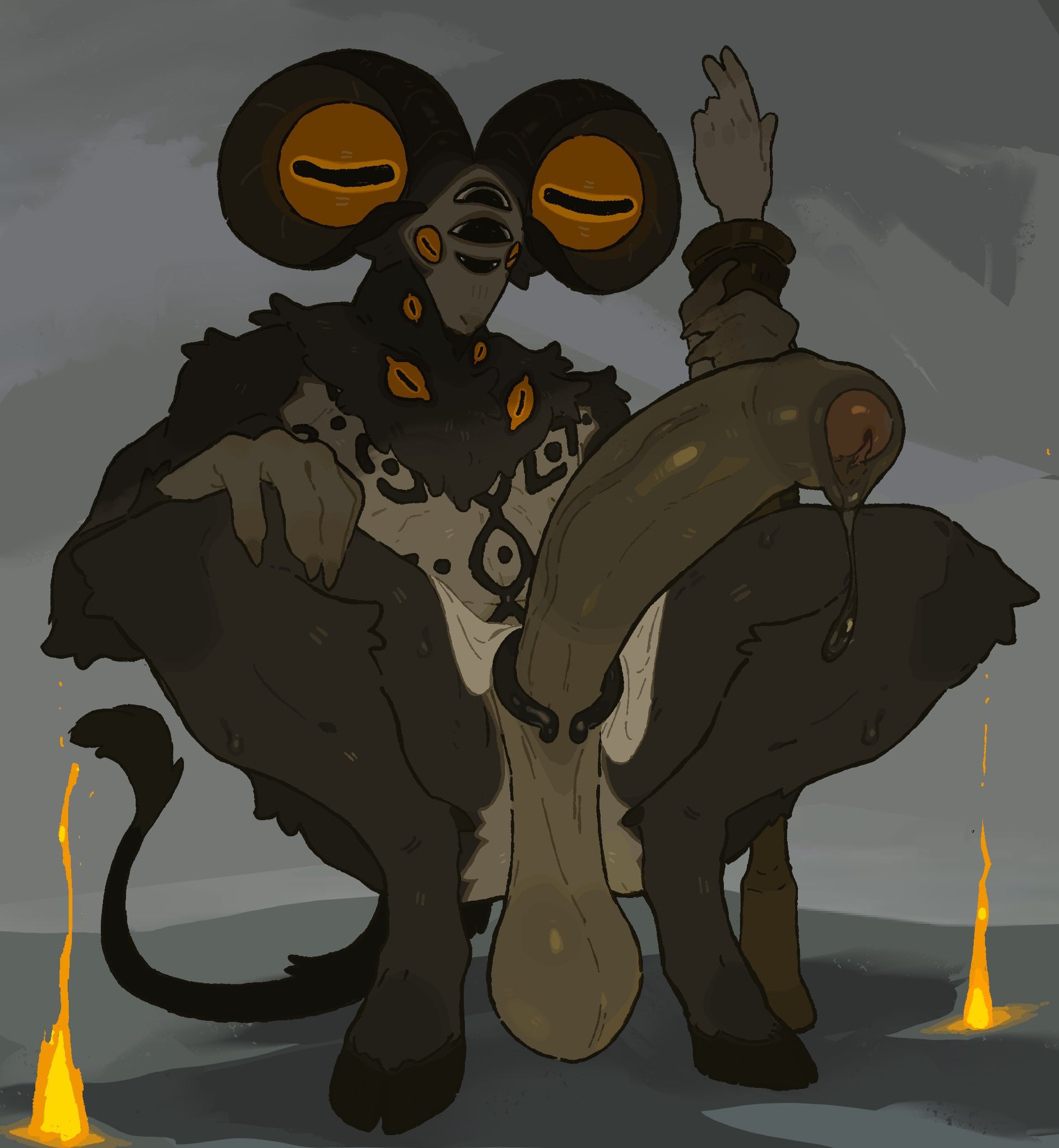 1boy, anthro, balls, bandai namco, black fur, cock ring, digital media (artwork), dripping precum, elden ring, elden ring nightreign, foreskin, fromsoftware, goat, hanging balls, hooves, huge cock, large balls, libra creature of night, long balls, long penis, male, mawarisaka3, monster, penis, poney, precum, presenting penis, sagging balls, saggy balls, solo, spread legs, uncircumcised