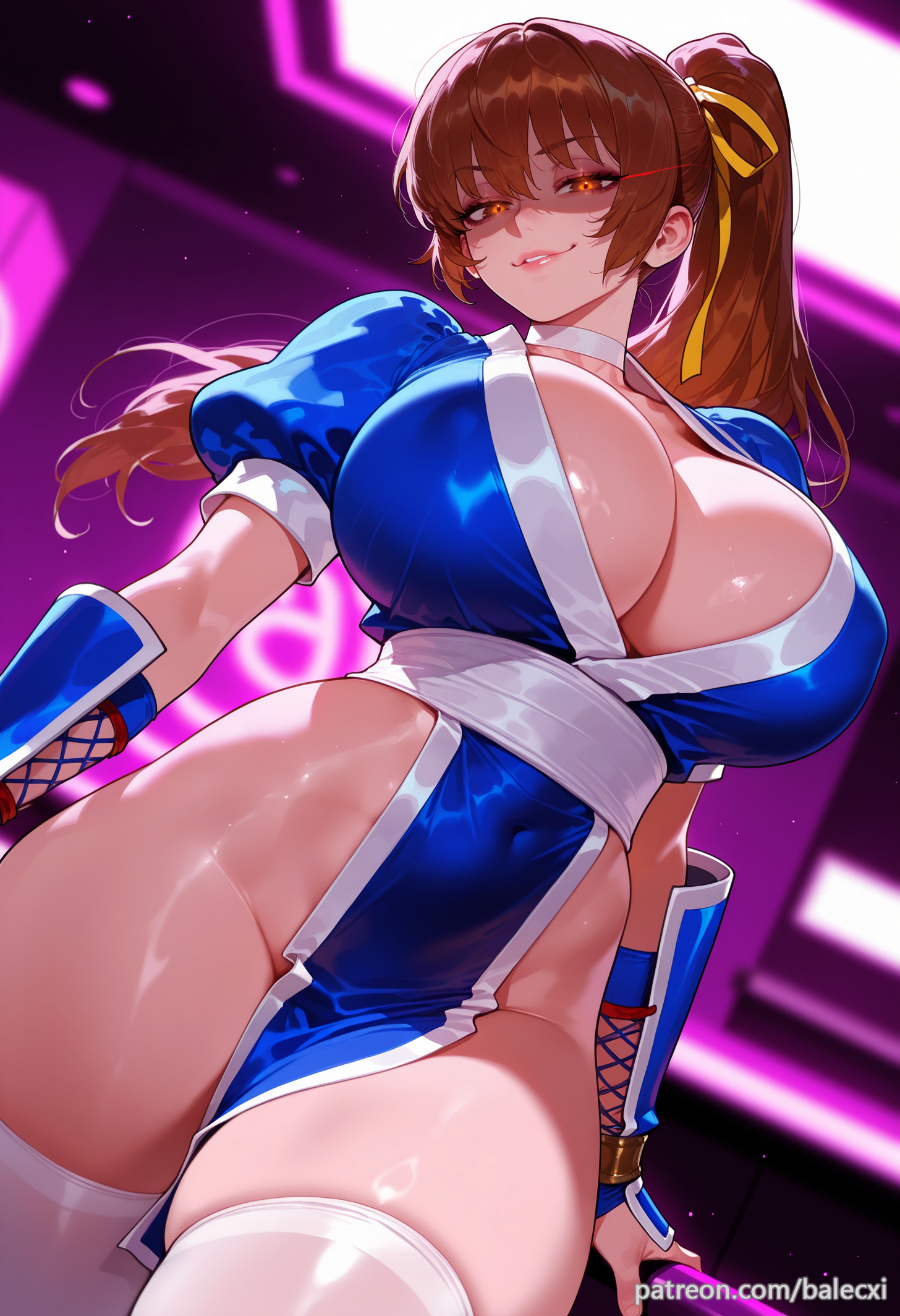 ai generated, arm guards, balecxi, breasts, brown eyes, brown hair, choker, cleavage, dead or alive, female, kasumi (doa), long hair, looking at viewer, pelvic curtain, ponytail, puffy short sleeves, puffy sleeves, short sleeves, smile, solo, thighs, white thighhighs