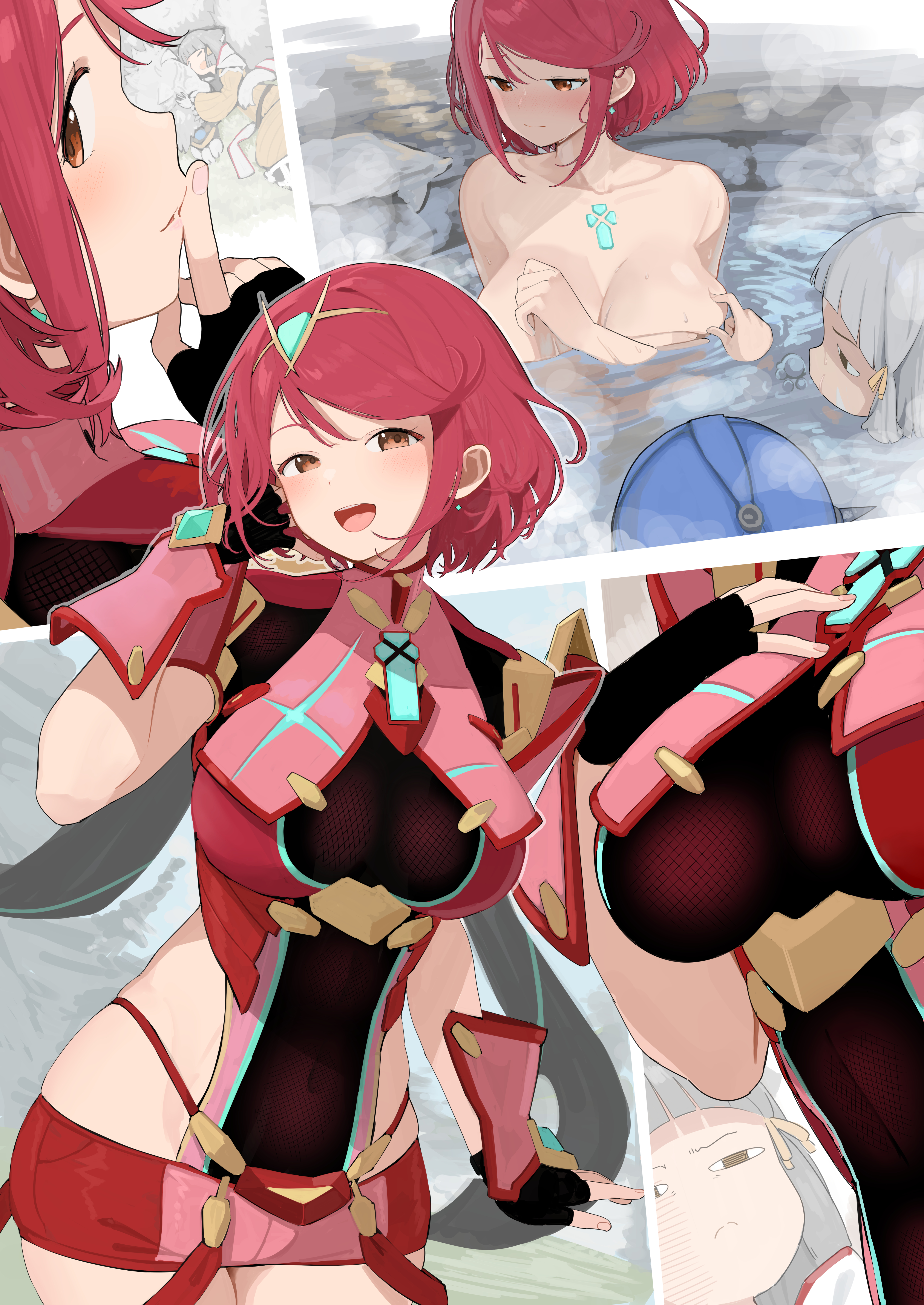 3girls, absurdres, aqua gemstone, big breasts, breast envy, breast pinch, breasts, chest jewel, dromarch (xenoblade), earrings, female, female only, finger to mouth, fingerless gloves, floating earrings, gem, gloves, grey hair, hand on own chest, highres, jewelry, large breasts, looking at viewer, mameroku, multiple females, multiple girls, nia, onsen, partially submerged, pinching, poppi (xenoblade), poppi alpha (xenoblade), pyra, raised eyebrows, red eyes, red hair, short hair, swept bangs, xenoblade (series), xenoblade chronicles 2