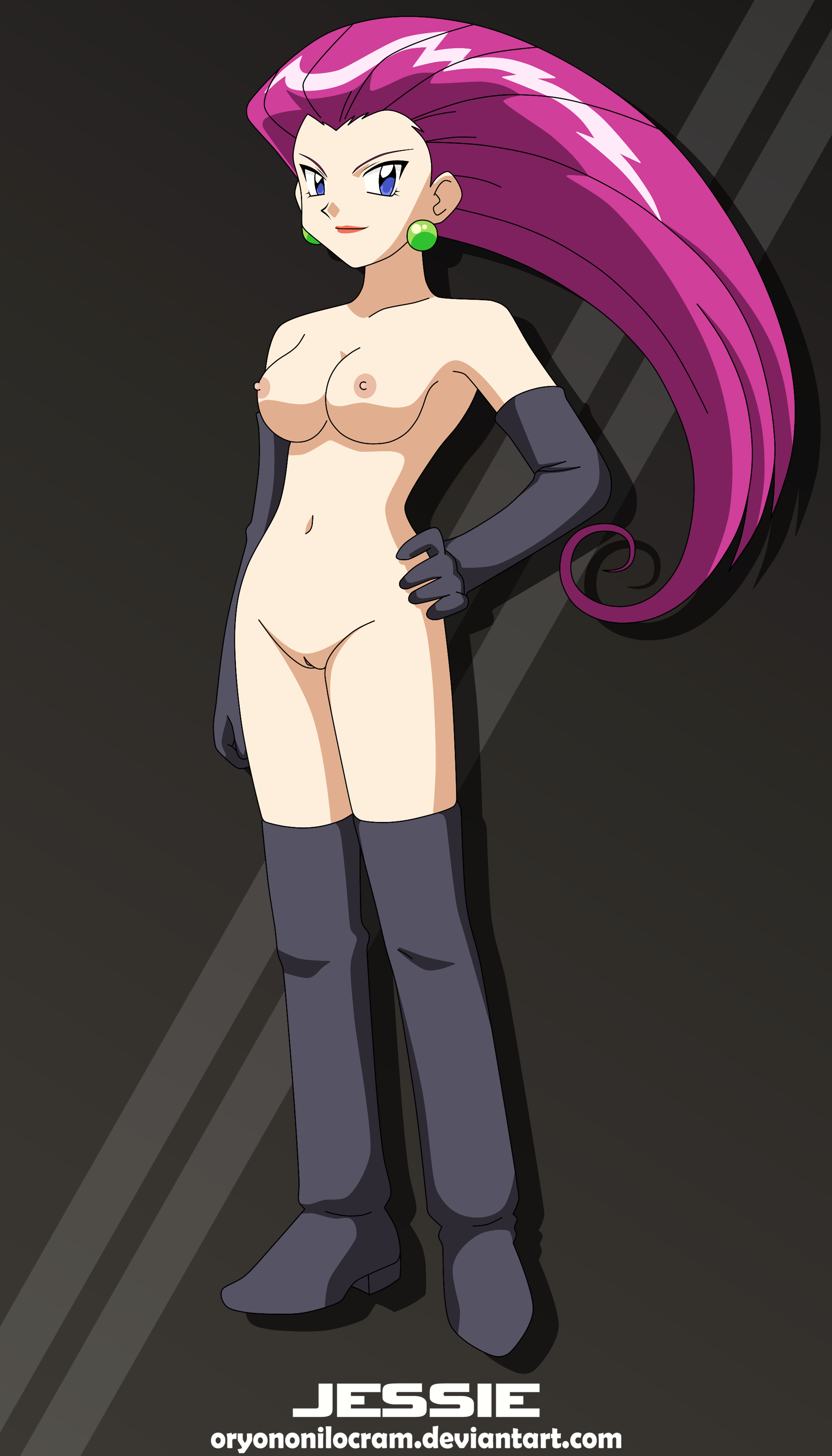 accurate art style, armwear, boots, casual, exposed torso, female, footwear, handwear, high heel boots, human, jessie (pokemon), legwear, naked footwear, nipples, nude, oryononilocram, pokemon, pokemon (anime), pokemon trainer, pussy, tagme, team rocket, thigh boots, uncensored