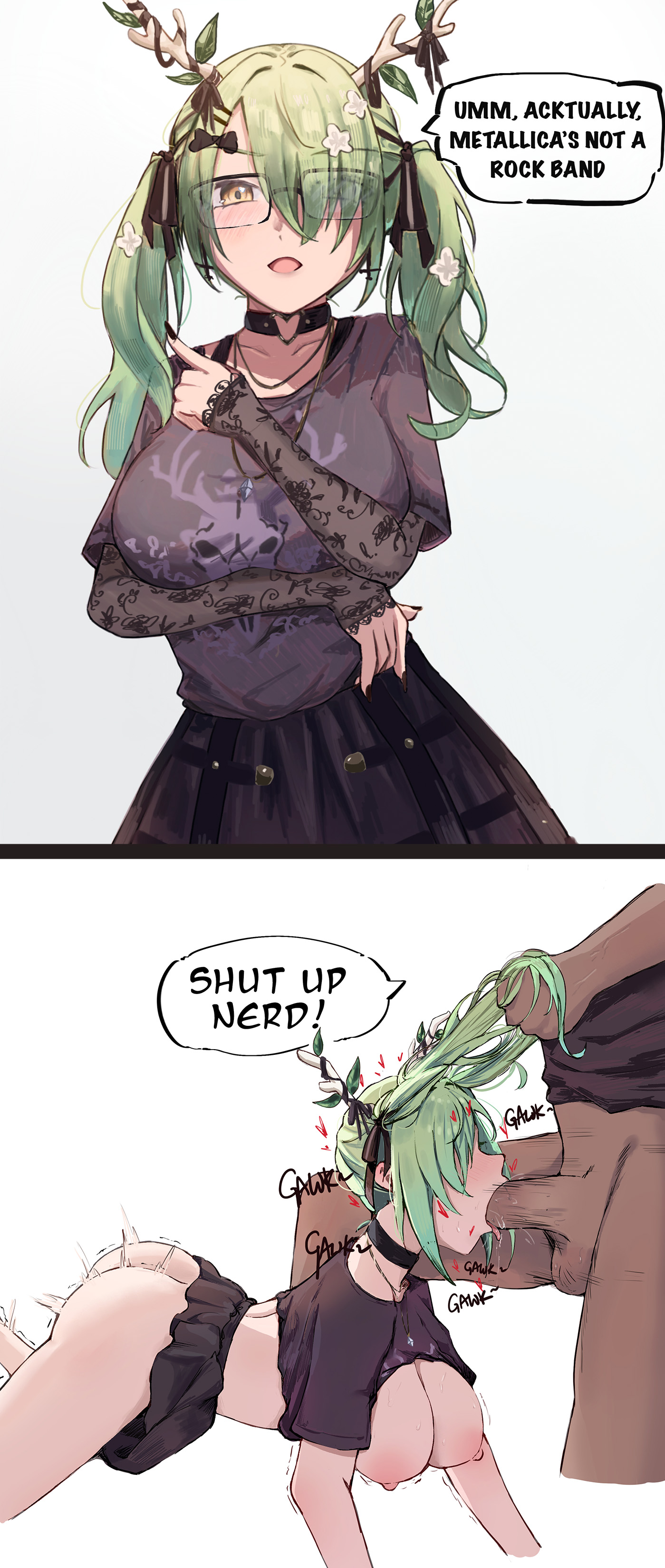 1boy, 1girls, black nails, blush, bondage, bow, branch, branch horns, ceres fauna, ceres fauna (goth costume), choker, dark skin, dark-skinned male, fellatio, female, flower, forced, forced oral, glasses, goth, goth girl, green hair, hair flower, hair grab, hair over one eye, hair ribbon, hairbow, hololive, hololive english, hololive english -council-, hololive english -promise-, horns, instant loss 2koma, interracial, long hair, male, nail polish, necklace, partially clothed, qilin, ribbon, sharp fingernails, shirt up, sweat, twintails, upskirt, vicarious (vicillust), virtual youtuber, yellow eyes
