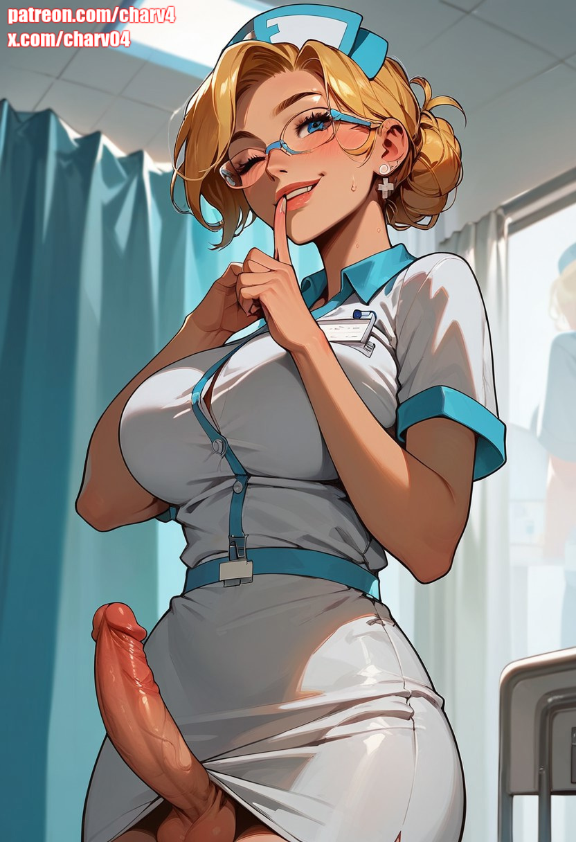 1futa, ai generated, big breasts, big penis, blonde hair, breasts, charv, erection, futa only, futanari, hospital, intersex, lipstick, nurse, nurse cap, penis, shushing, wink, winking at viewer
