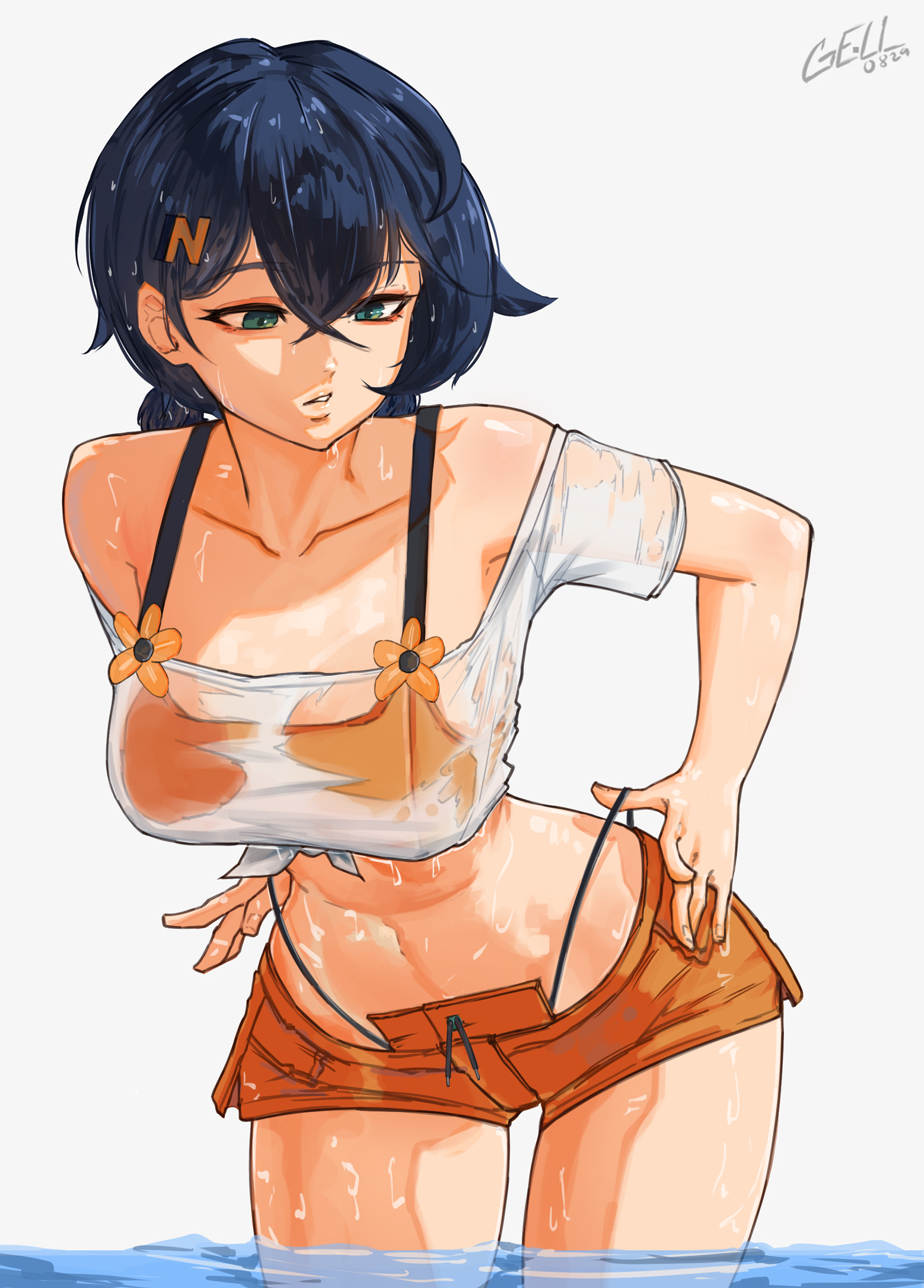 1girls, alternate costume, artist name, belle (summer skies) (zenless zone zero), belle (zenless zone zero), bikini, bikini under shorts, blue hair, breasts, collarbone, commentary, emotionless, emotionless female, female, female only, gelldraws, green eyes, highres, indifference, indifferent, large breasts, midriff, navel, official alternate costume, orange bikini, orange shorts, partially submerged, see-through clothes, see-through shirt, shirt, short hair, shorts, simple background, solo, swimsuit, swimwear, thighs, tied shirt, unbothered, uncaring, uncaring female, wet, wet clothes, wet shirt, white background, white shirt, zenless zone zero