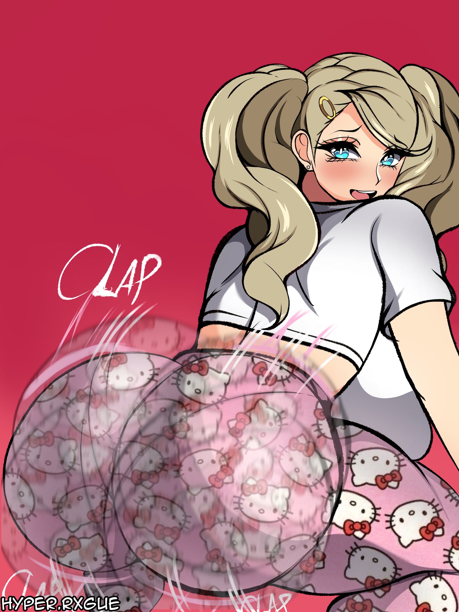 1girls, ann takamaki, ass, ass clapping, big ass, big breasts, blonde hair, blue eyes, bouncing ass, breasts, bubble ass, bubble butt, clapping cheeks, crouching, ear piercing, fat ass, female, female only, huge ass, hyperrxgue, large ass, looking at viewer, looking back, motion blur, motion lines, pajama pants, pajamas, pants, pantylines, persona, persona 5, piercing, rear view, shirt, solo, squatting, thick ass, thick thighs, twerking, wide hips