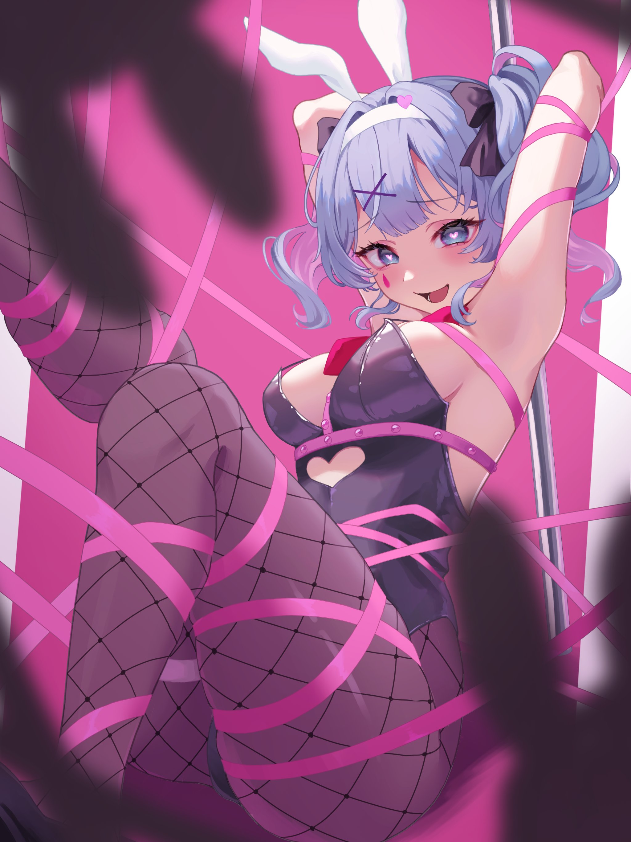 :d, 1girl, 1girls, animal ears, armpits, arms behind head, arms up, bangs, black leotard, blue eyes, blue hair, blush, bound, breasts, fake animal ears, female, fishnet pantyhose, fishnets, hair ornament, hairband, hatsune miku, heart, heart-shaped pupils, leotard, looking at viewer, medium breasts, nagi-negitoro, necktie, open mouth, pantyhose, pink necktie, pink ribbon, playboy bunny, rabbit ears, rabbit hole (vocaloid), ribbon, smile, solo, strapless, symbol-shaped pupils, tagme, twintails, virtual youtuber, vocaloid, x hair ornament