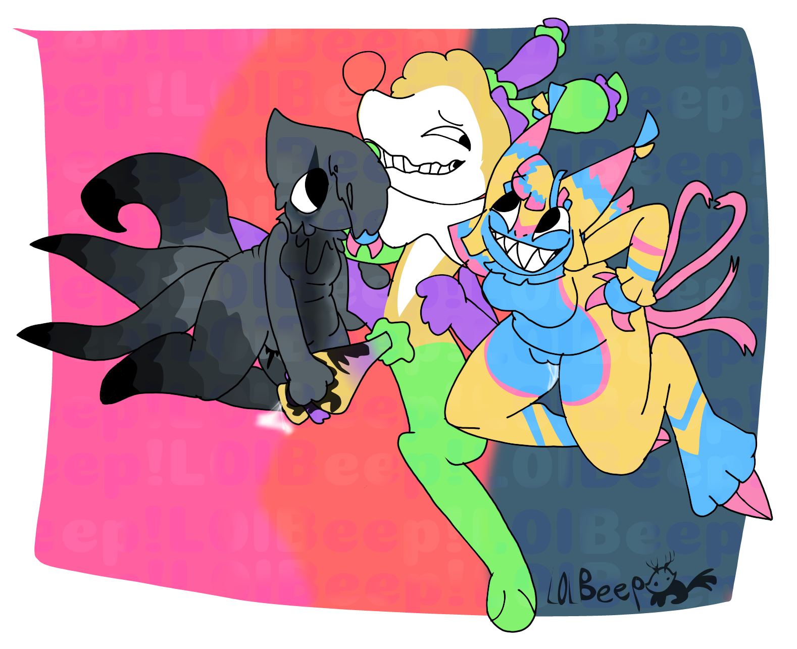 balloon, balloon dog, balloon penis, blot (dandy's world), breats, clown, clown makeup, clown nose, cum, cuntboy, dandy's world, female, ink, intersex, l0lbeep, looey (dandy's world), looking at another, male, no shading, penis, pinata, pink hair, pink tail, pussy, pussy juice, roblox, smiling, smiling at another, three-tone background, threesome, two-tone body, two-tone fur, two-tone hair, watermark, yatta (dandy's world)