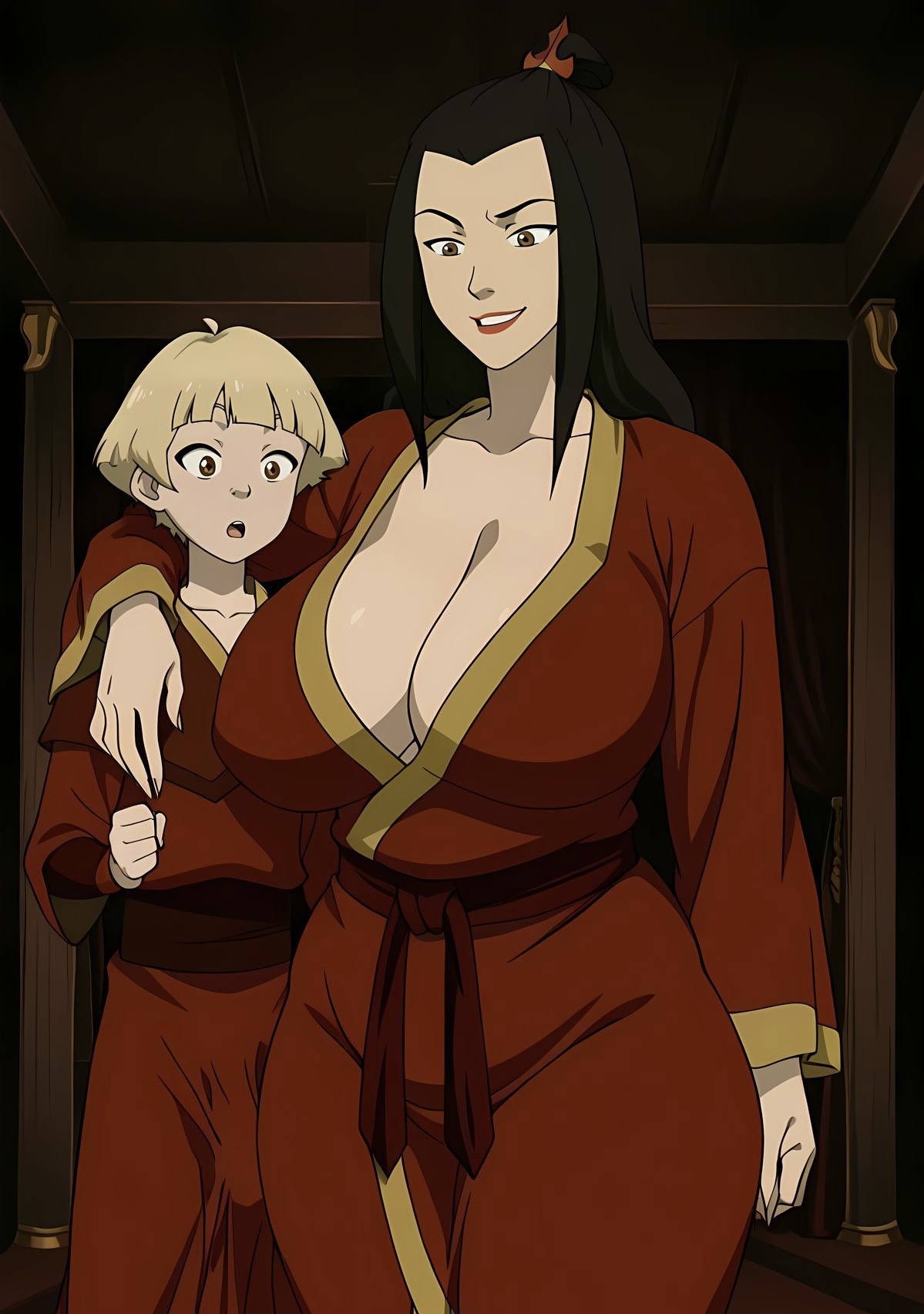 1boy, 1girls, age difference, aged up, ai generated, avatar legends, avatar the last airbender, ayyaai, azula, belly, big breasts, bigger female, blonde hair, breasts, bulge, bulge through clothing, child bearing hips, cleavage, dark hair, deep cleavage, female, hand on shoulder, huge breasts, imminent sex, larger female, male, milf, older female, princess, queen, red lipstick, robe, royalty, size difference, smaller male, taller female, wide hips, yellow eyes, younger male