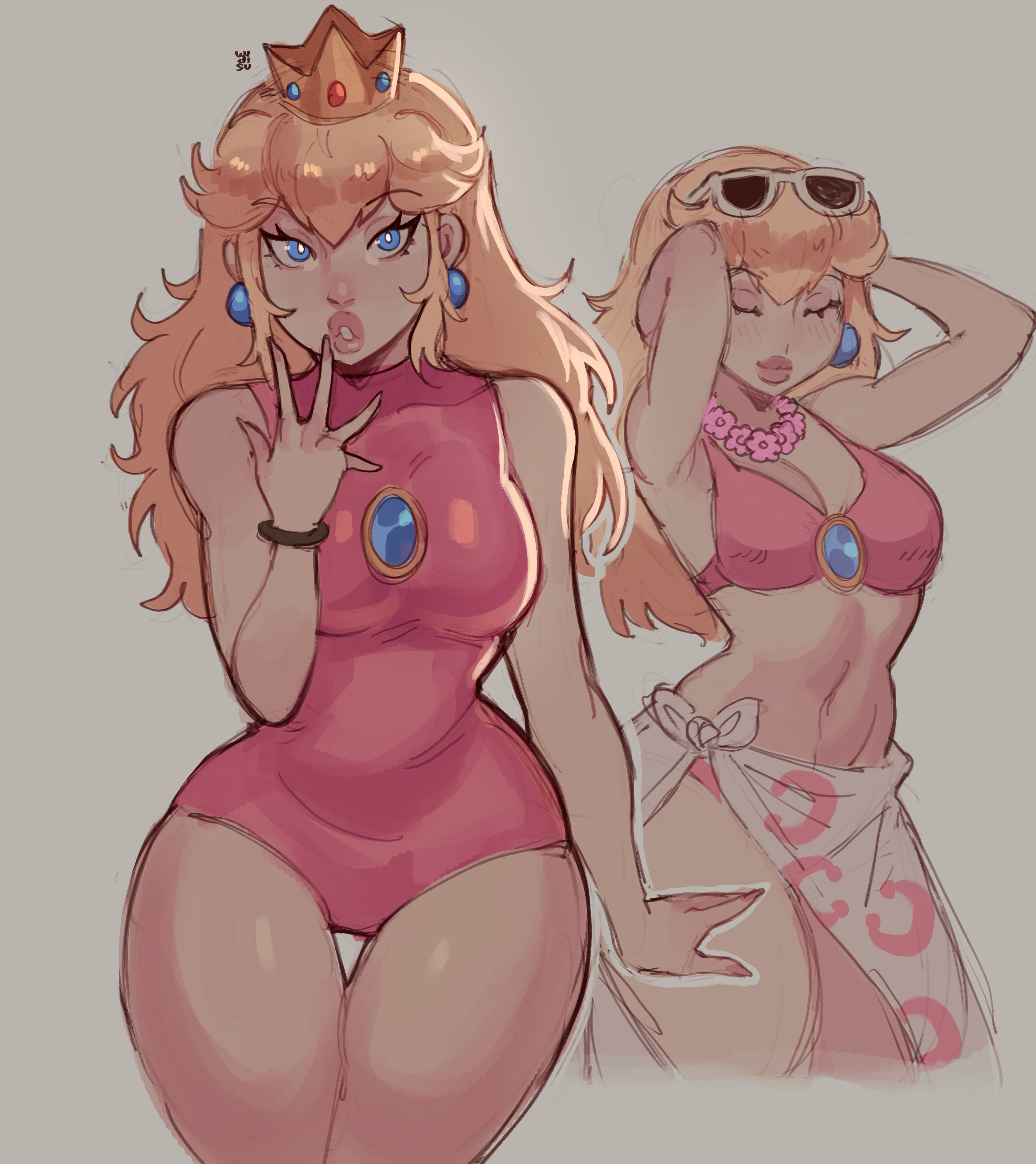 1girls, armpits, arms behind head, big breasts, bikini, blonde hair, blue eyes, breasts, brooch, busty, closed eyes, crown, curvy, earrings, exposed hips, female, female only, highres, hip cleavage, jewelry, large breasts, lips, long hair, mario (series), multiple images, navel, nintendo, one-piece swimsuit, pink bikini, pose, posing, princess peach, princess peach (swimwear), projected inset, sarong, sexy, sexy pose, sketch, skin tight, skirt, smile, solo female, sunglasses, sunglasses on head, super mario odyssey, swimsuit, thick thighs, thighs, wide hips, widisu