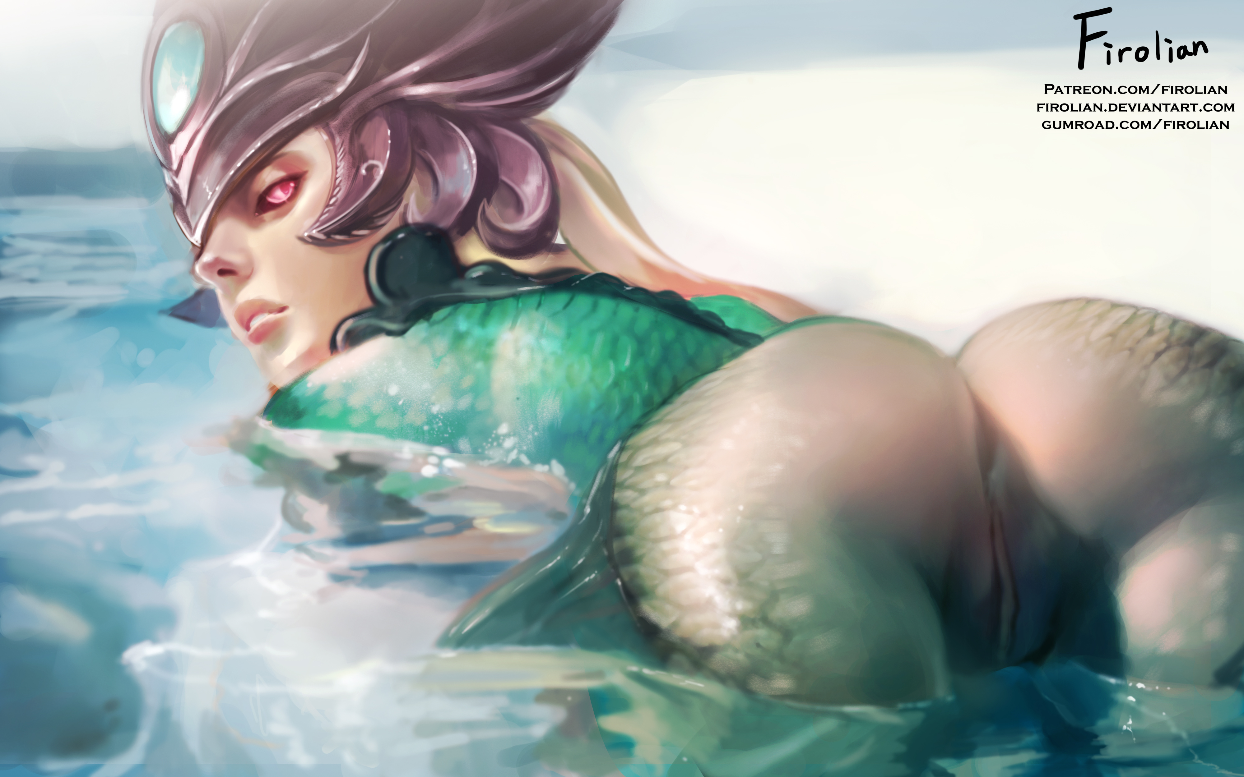 1girls, anus, artist name, ass, bare shoulders, female, female only, fins, firolian, fish, fish girl, hair ornament, head fins, high resolution, hips, league of legends, legs, looking at viewer, looking back, marai, merfolk, mermaid, monster, monster girl, multicolored skin, nami (league of legends), pale skin, pussy, red eyes, solo, thighs, topless, vagina, very high resolution, water, web address, wet