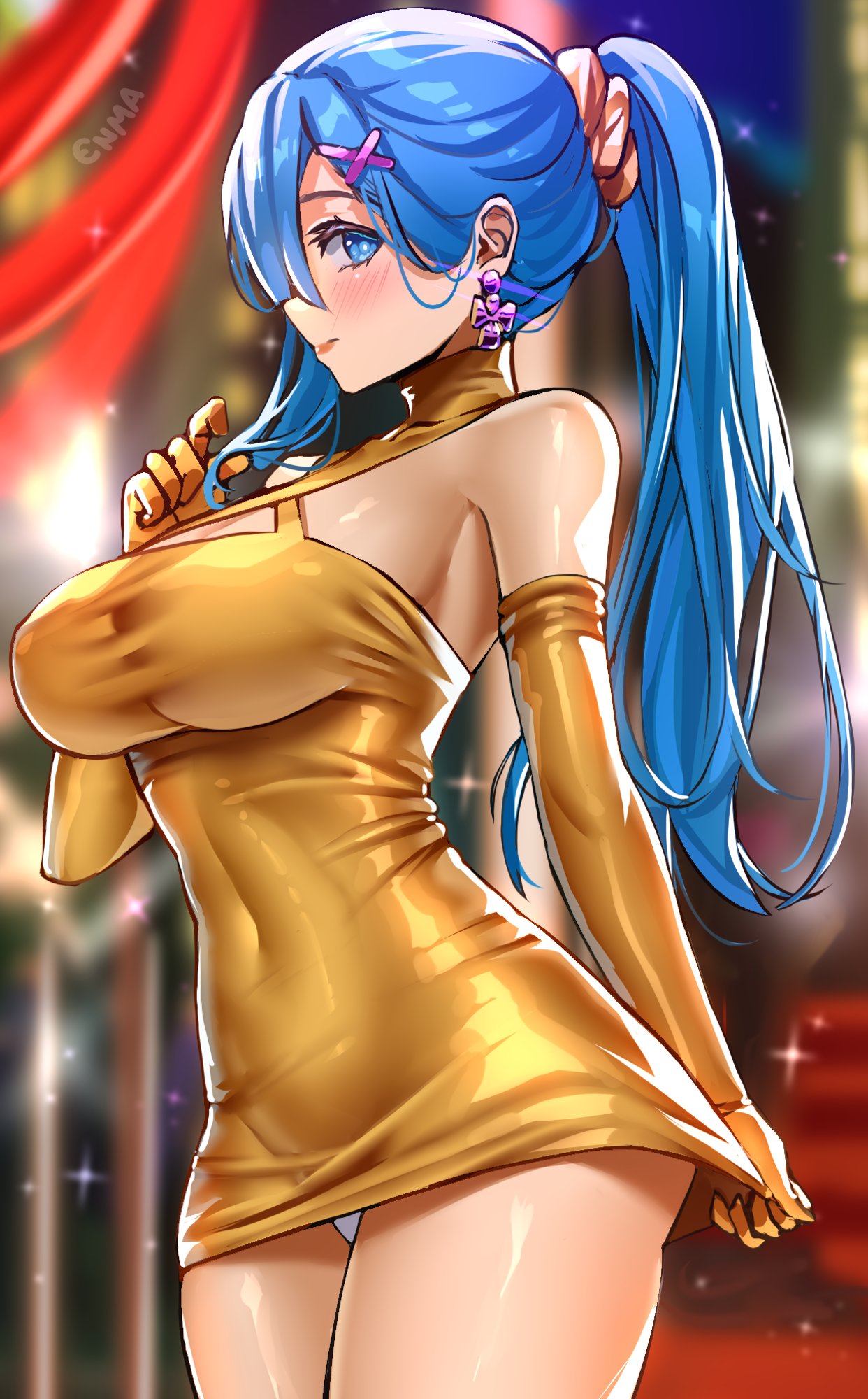1girls, alternate hairstyle, artist name, ass, bare shoulders, blue eyes, blue hair, blurry, blurry background, breasts, closed mouth, clothes pull, covered navel, dress, earrings, elbow gloves, enma (enmanuelart), enmanuelart20, female, female only, gloves, hair ornament, halter dress, halterneck, hand up, highres, jewelry, large breasts, looking at viewer, panties, pantyshot, ponytail, scrunchie, sideboob, skirt, skirt pull, smile, solo, sparkle background, taut clothes, thighs, underwear, white panties, x hair ornament, yellow gloves, yellow skirt