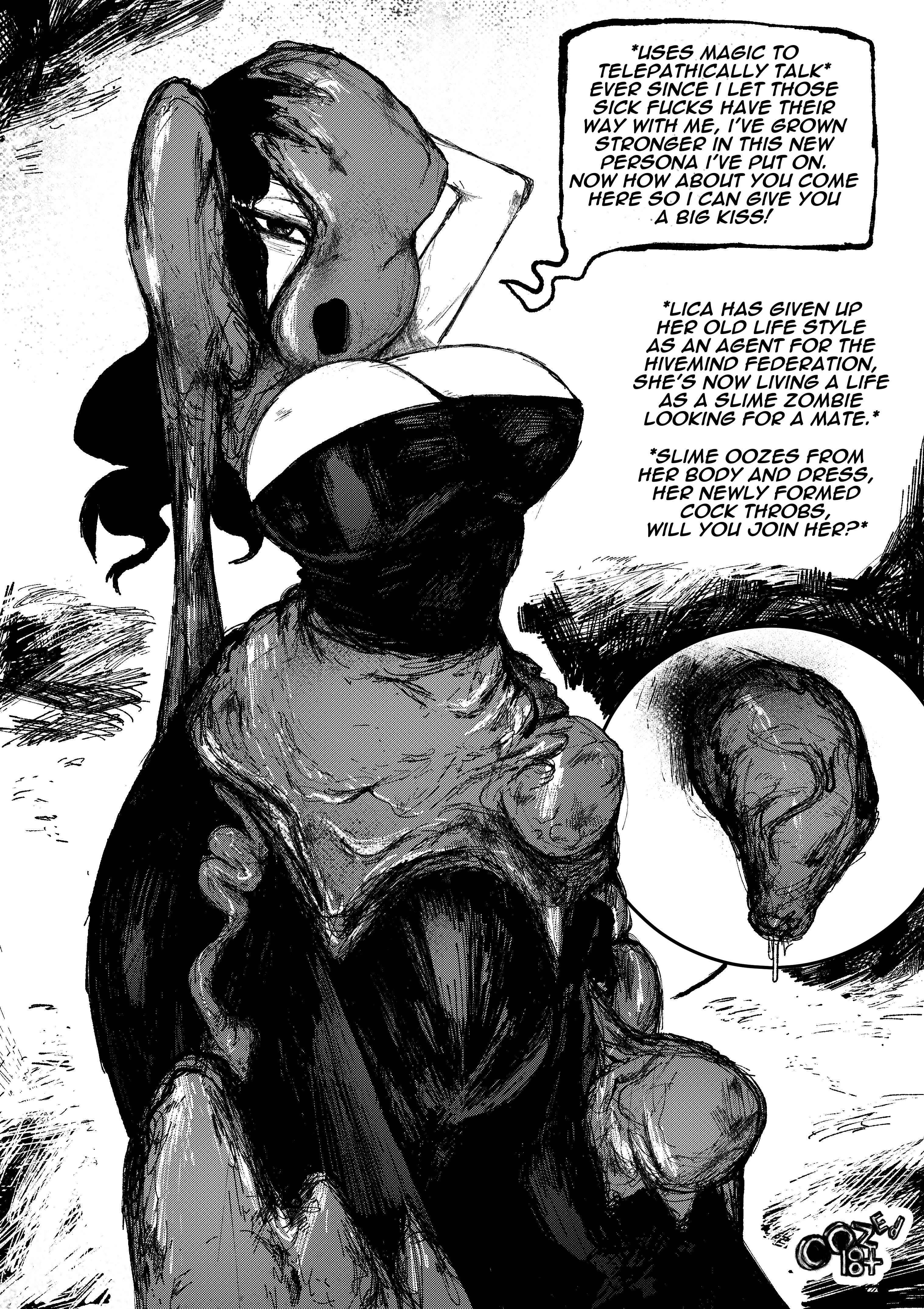 breasts, clothed, corrupted, corruption, dark hair, dress, enemy conversion, futanari, goop, intersex, lica (oozed), oozed, oozing, penis, pose, seducing, slime, slime zombie, text, throbbing penis, vein, zombie