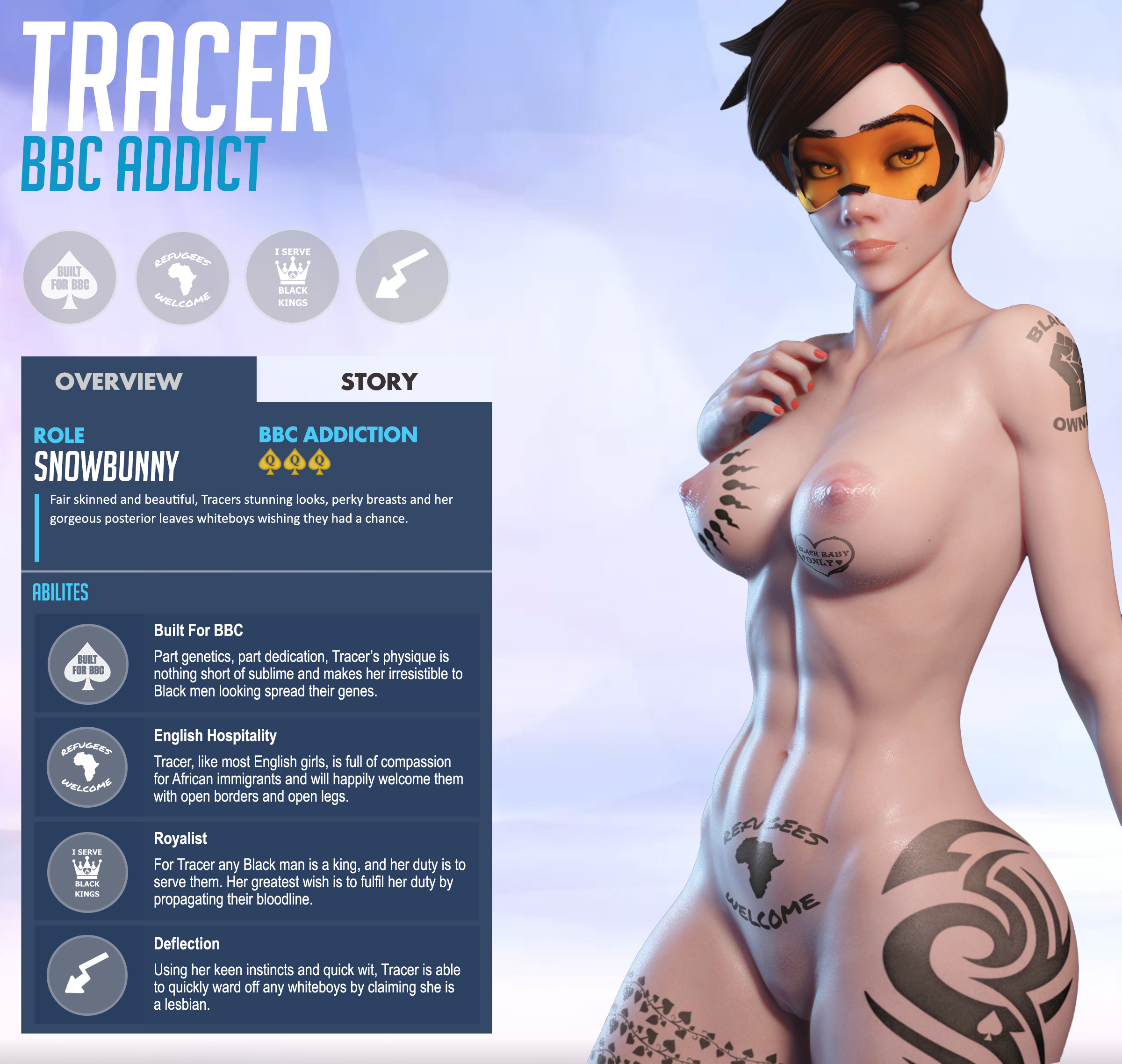 1girls, 3d, abs, artist request, brown hair, eyewear, female, fortnite, fortnite: battle royale, gameplay mechanics, overwatch, qos, qos tattoo, queen of spades, raceplay, text, tracer
