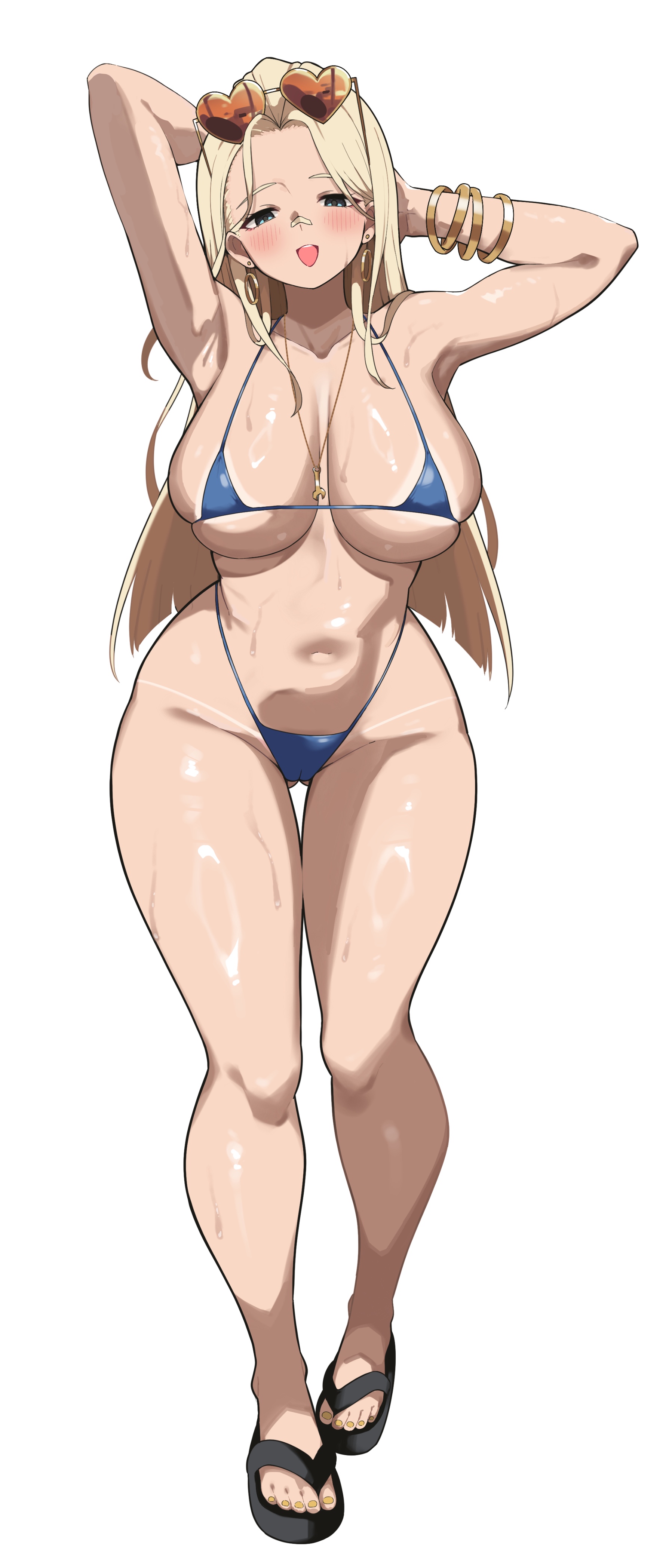 absurdres, bandaid, bandaid on face, bandaid on nose, bikini, blue bikini, blue eyes, blunt ends, blush, bracelet, breasts, cameltoe, centi (nikke), centi (ocean repair) (nikke), collarbone, commentary request, curvy, eyewear on head, feet, female, gluteal fold, goddess of victory: nikke, heart, heart-shaped eyewear, highres, jewelry, large breasts, long hair, micro bikini, navel, neck, official alternate costume, open mouth, parted bangs, partially undressed, pussy, sandals, sideboob, simple background, sleeves rolled up, smile, stomach, sunglasses, sweat, swimsuit, tape measure, thigh gap, thighs, toes, underboob, white background, wrench, yabai gorilla
