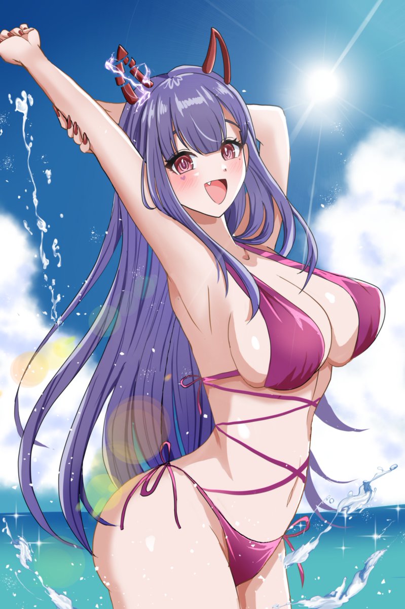 akuma_nihmune bikini breasts cleavage indie_virtual_youtuber large_breasts purple_hair virtual_youtuber water