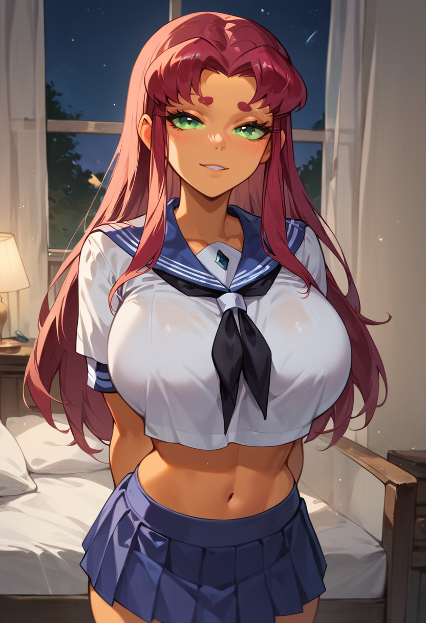 1girls ai_generated alternate_breast_size bangs blush blush busty crop_top curvy green_eyes hi_res huge_breasts large_breasts long_hair looking_at_viewer midriff miniskirt navel panties red_hair sailor_uniform seductive seductive_smile senzoai skirt solo solo_female solo_focus stable_diffusion starfire starfire_(teen_titans) tagme teen_titans