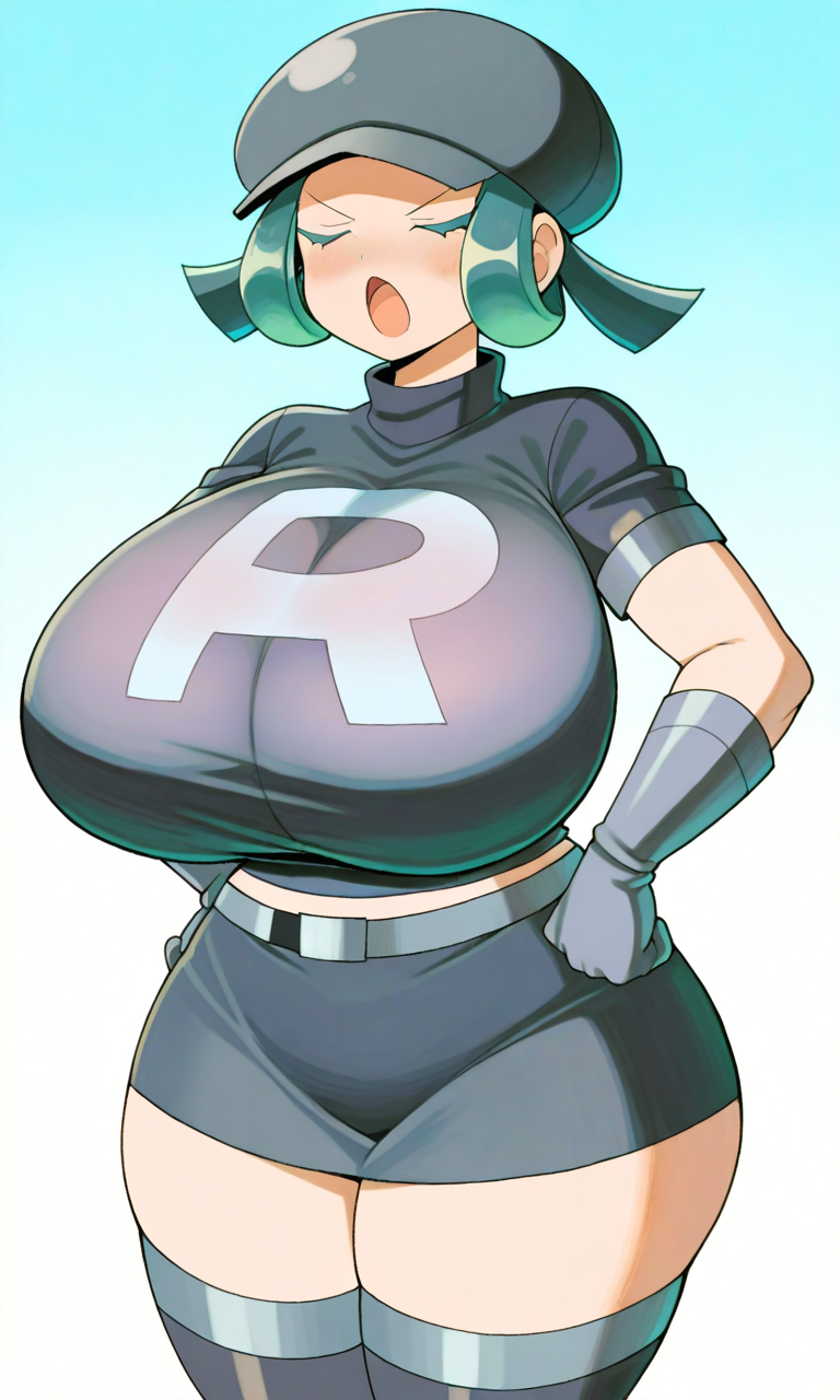 ai_generated angry big_ass big_breasts black_skirt female green_hair pokemon rainbow_rocket_grunt short_hair team_rainbow_rocket_grunt_(female) team_rocket_grunt team_rocket_grunt_(female) team_rocket_uniform teamrocktgrl thick_thighs thighhighs