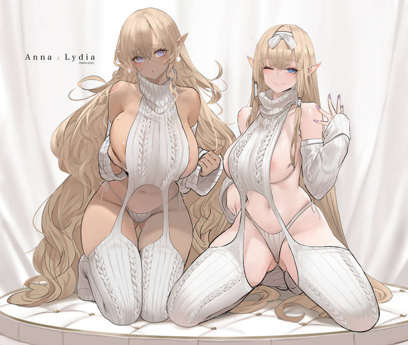 2girls blonde_hair blue_eyes breasts brown_hair dishwasher1910 earrings elf kneeling large_breasts long_hair looking_at_viewer mole mole_on_breast original painted_fingernails panties side-tie_panties thighhighs virgin_destroyer_sweater white_panties