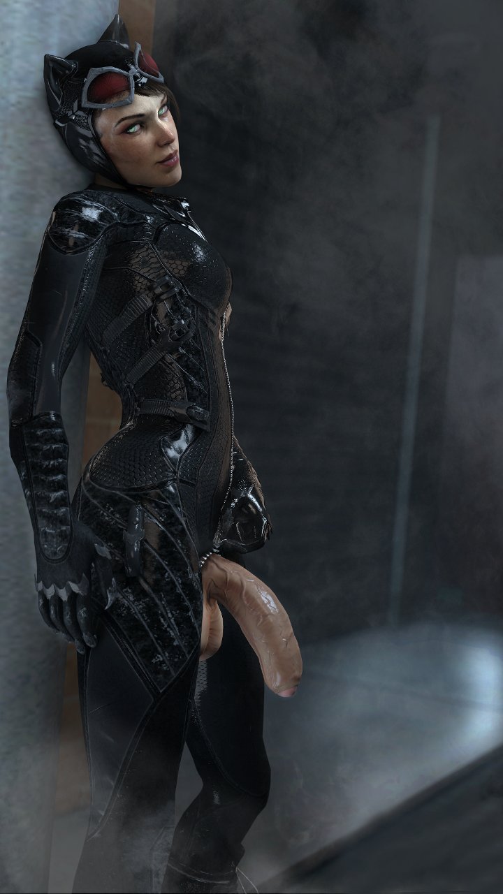 1futa 3d batman_(series) black_legwear catwoman catwoman_(arkham) dc_comics dentol foreskin futanari penis penis_out phimosis solo veiny_penis