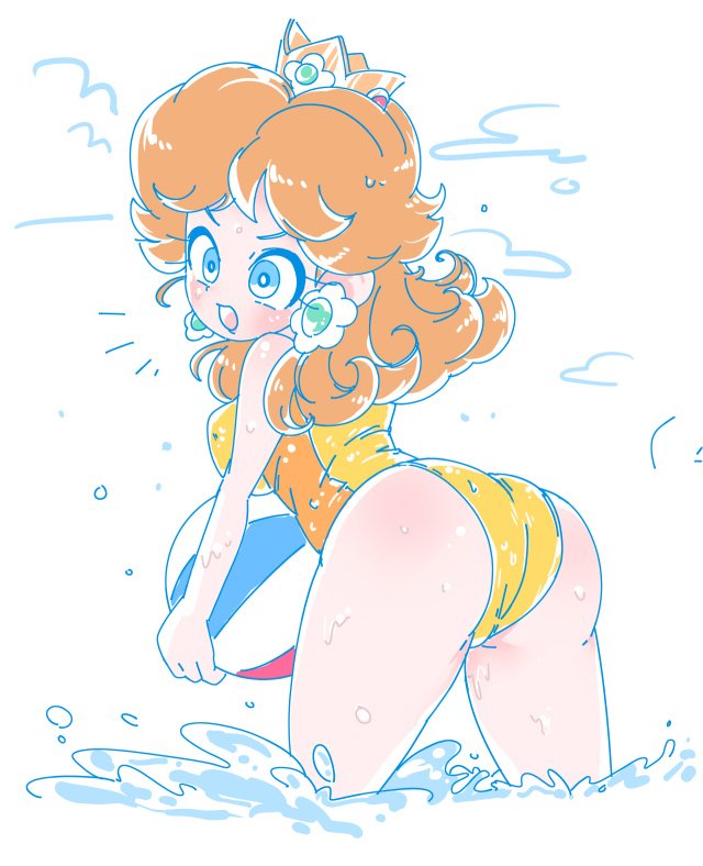 1girls ass ass_focus beach beach_ball cindysuke leotard mario_(series) princess_daisy sideboob thick_thighs thighs water