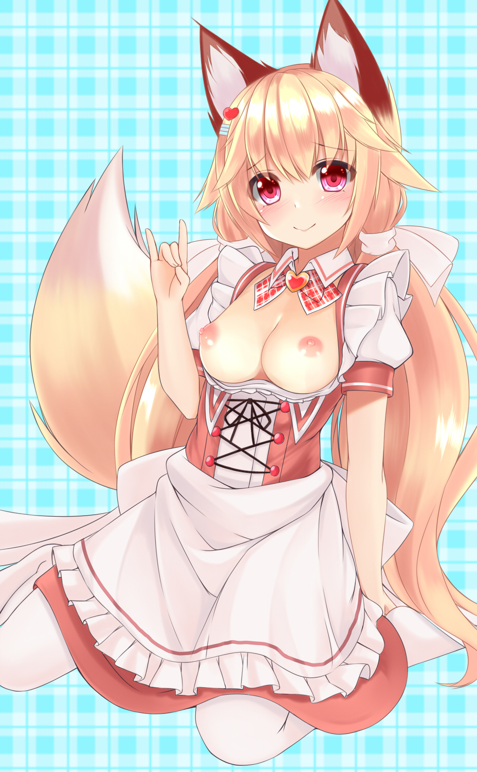 :> animal_ears apron aqua_background areolae arm_support arm_up bangs black_ribbon blonde_hair blush bow breasts breasts_out closed_mouth collared_dress commentary_request cross-laced_clothes detached_collar dress female fox_ears fox_girl fox_shadow_puppet fox_tail frilled_apron frilled_dress frilled_sleeves frills hair_ornament hairbow hairclip heart heart_hair_ornament highres jewelry juliet_sleeves leaning_back long_sleeves maid maid_apron medium_breasts no_shoes pantyhose pendant pink_dress pink_eyes plaid plaid_background plaid_bow pointy_hair puffy_sleeves red_bow ribbon shiny shiny_hair shiny_skin short_sleeves sidelocks sitting smile sogaya solo tail two_side_up underbust waist_apron wariza white_apron white_bow white_legwear white_ribbon