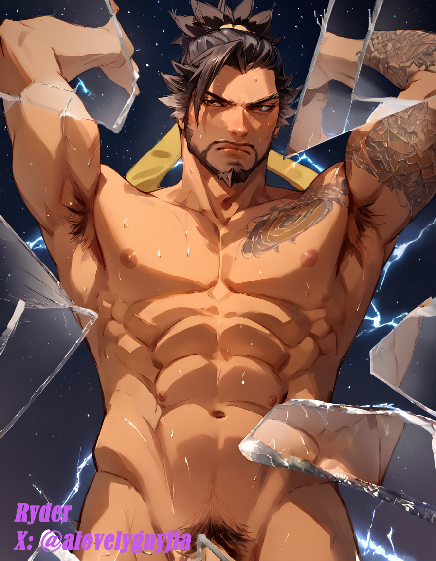 ai_generated bara gay hanzo hanzo_shimada male male_only muscular muscular_male overwatch penis solo yaoi