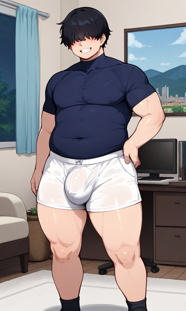 1boy ai_generated athletic_wear bedroom big_penis bittercream_(style) black_hair blush boxers chubby chubby_male hand_on_hip looking_at_viewer male male_only muscular see-through_clothing slightly_chubby smile socks solo thick_penis thick_thighs wide_hips