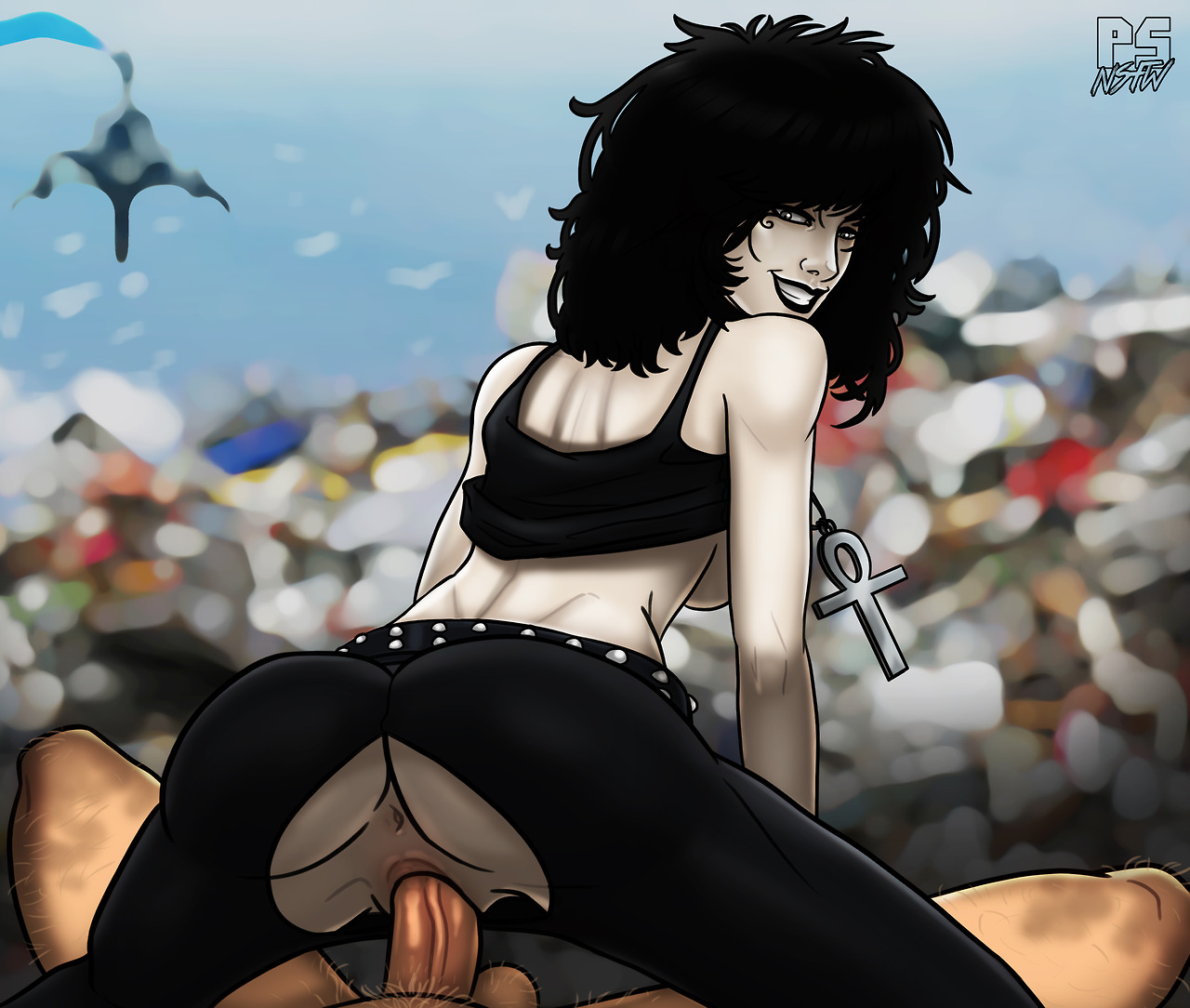 1boy, 1girls, ankh, anus, ass, big hair, black hair, breasts, dc, dc comics, death (entity), death of the endless, female, hips, jewelry, large breasts, legs, light skin, light-skinned female, light-skinned male, long hair, male, necklace, pale skin, pale-skinned female, partial male, penetration, penis, pumpkinsinclair, pussy, sex, sideboob, solo focus, tank top, the sandman, thighs, torn clothes, vagina, vaginal penetration, white skin