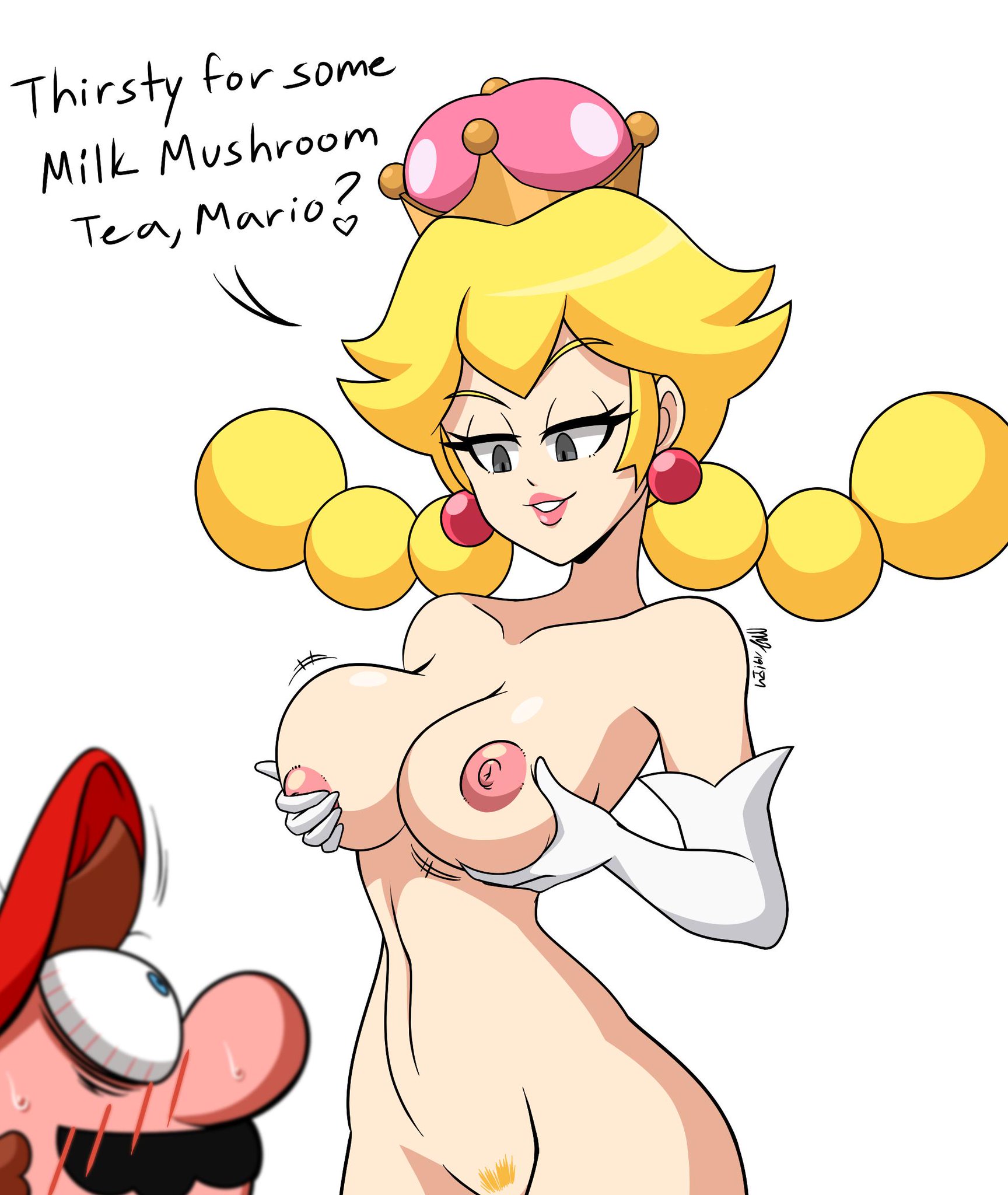 1boy, 1girls, areolae, big breasts, blonde hair, blonde pubic hair, blue eyes, blush, breasts, breasts grab, brown hair, cap, crown, earrings, elbow gloves, english text, eyebrows visible through hair, female, fungi fauna, gloves, grey eyes, half-closed eyes, hat, holding breast, jiggling, lips, lipstick, male, mario, mario (series), mergeritter, motion lines, mustache, new super mario bros. u deluxe, nintendo, nipples, nude, nude female, pale skin, peachette, pigtails, pubic hair, red face, smile, super crown, super mario bros., sweatdrop, teeth, text, toadette, video games, white background, wide hips