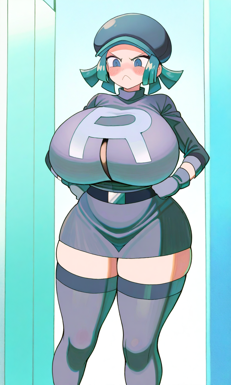 ai_generated angry big_ass big_breasts black_skirt female green_hair pokemon rainbow_rocket_grunt short_hair team_rainbow_rocket_grunt_(female) team_rocket_grunt team_rocket_grunt_(female) team_rocket_uniform teamrocktgrl thick_thighs thighhighs