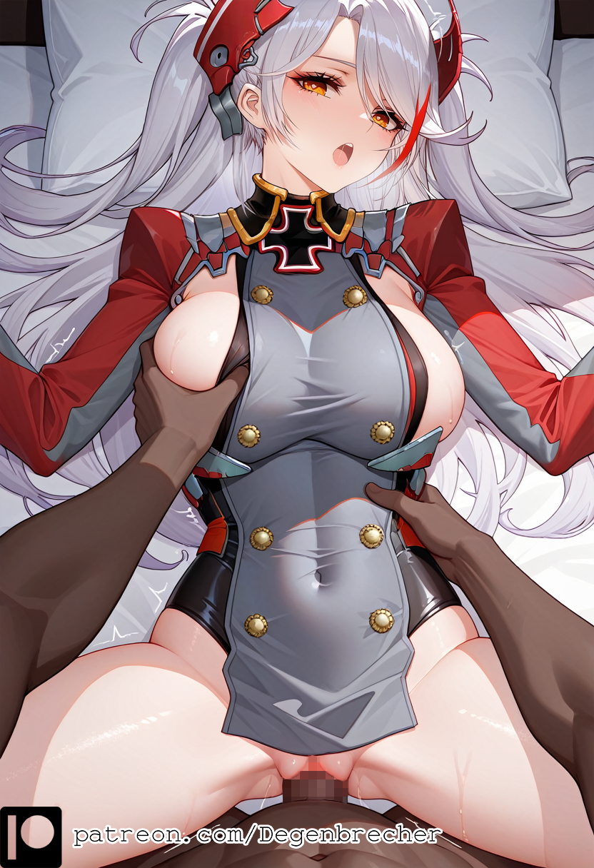 1girls ai_generated azur_lane dark-skinned_male degenbrecher grabbing_breasts missionary patreon patreon_username prinz_eugen_(azur_lane) sex subscribestar subscribestar_username