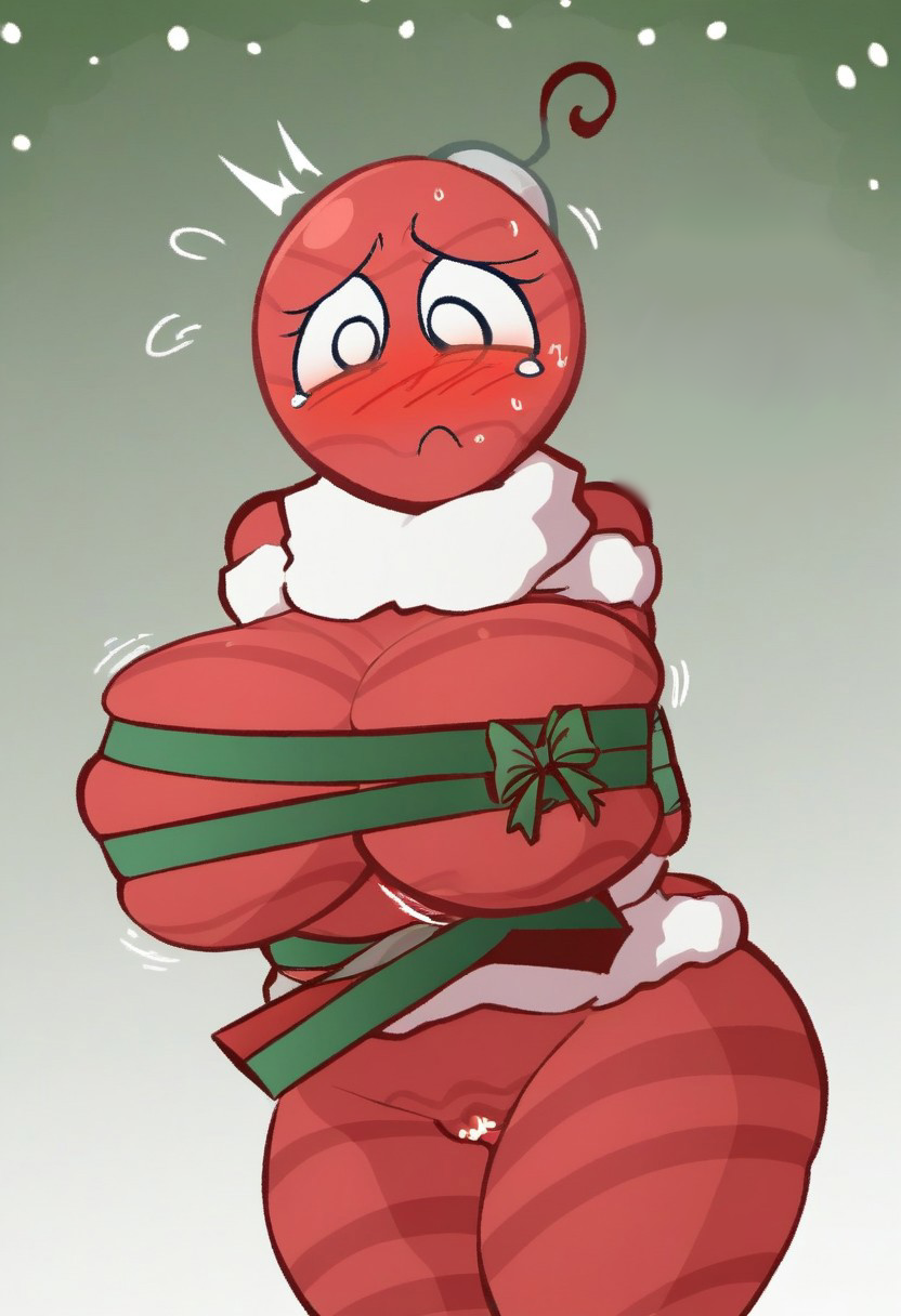 ai_generated big_breasts big_thighs bobette_(dandy's_world) christmas_outfit chubby chubby_female dandy's_world embarrassed female red_skin shocked shocked_expression wobble wrapped