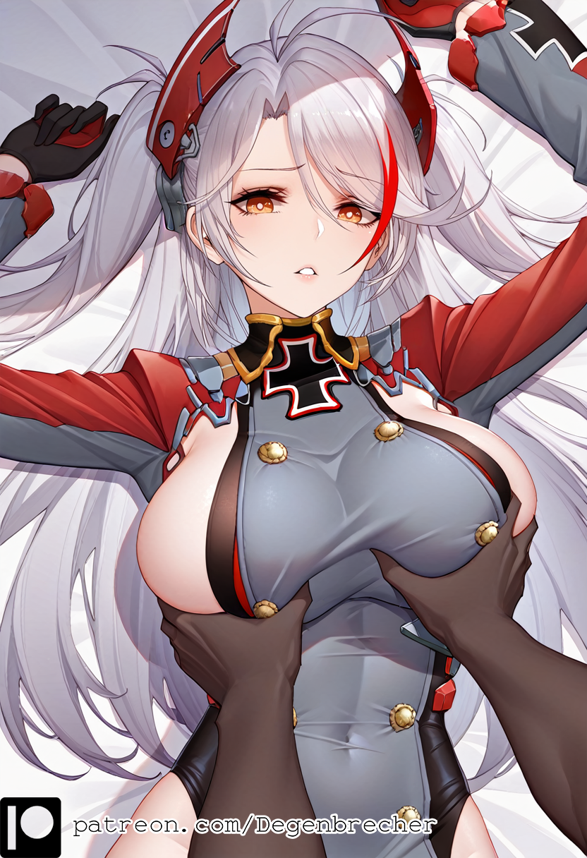 1girls ai_generated azur_lane dark-skinned_male degenbrecher grabbing_breasts large_breasts patreon patreon_username prinz_eugen_(azur_lane) subscribestar subscribestar_username