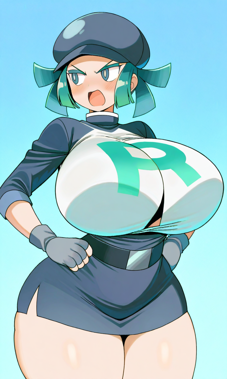 ai_generated angry arrogant big_ass big_breasts black_skirt female green_hair pokemon rainbow_rocket_grunt short_hair team_rainbow_rocket_grunt_(female) team_rocket_grunt team_rocket_grunt_(female) team_rocket_uniform teamrocktgrl thick_thighs tombo