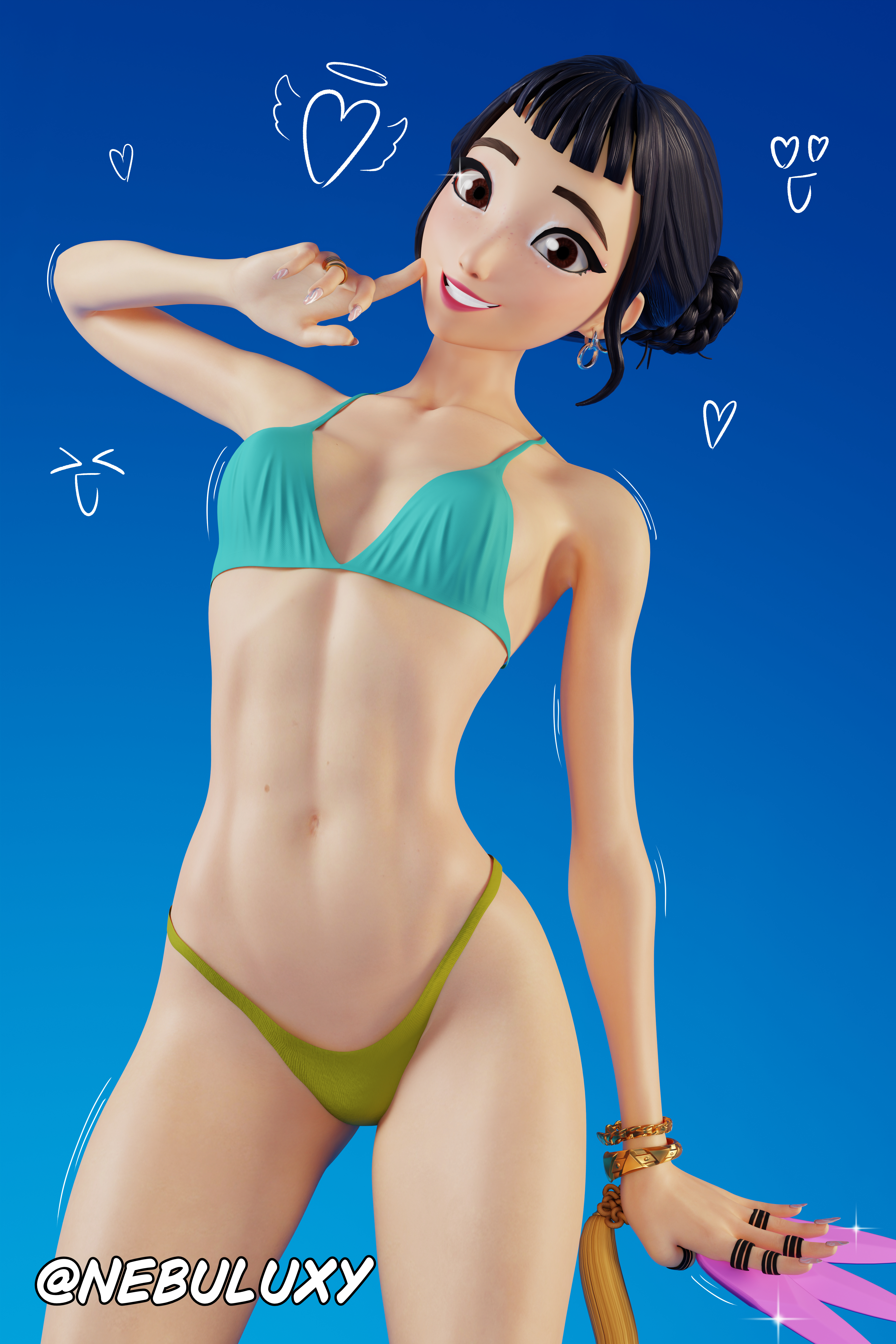 2025, 3d, 3d (artwork), absurd res, artist name, asian, asian female, bikini, black hair, blades, blue background, brown eyes, cute, cute face, cute female, female, female only, fortnite, fortnite: battle royale, head tilt, human, human only, knifes, kpop demon hunters, light skin, light-skinned female, looking at viewer, medium breasts, nebuluxy, questionable, shin-kal knifes, simple background, smile, smiling at viewer, solo, solo female, tied hair, twitter username, weapon, weapons, zoey (kpop demon hunters)