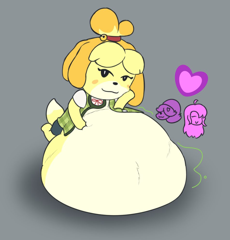 1girl animal_crossing anthro anthro_focus bigger_prey heart isabelle_(animal_crossing) lying_on_stomach multiple_prey smaller_pred soft_vore solo_anthro solo_female solo_focus vore vore_belly willing_prey yuparts