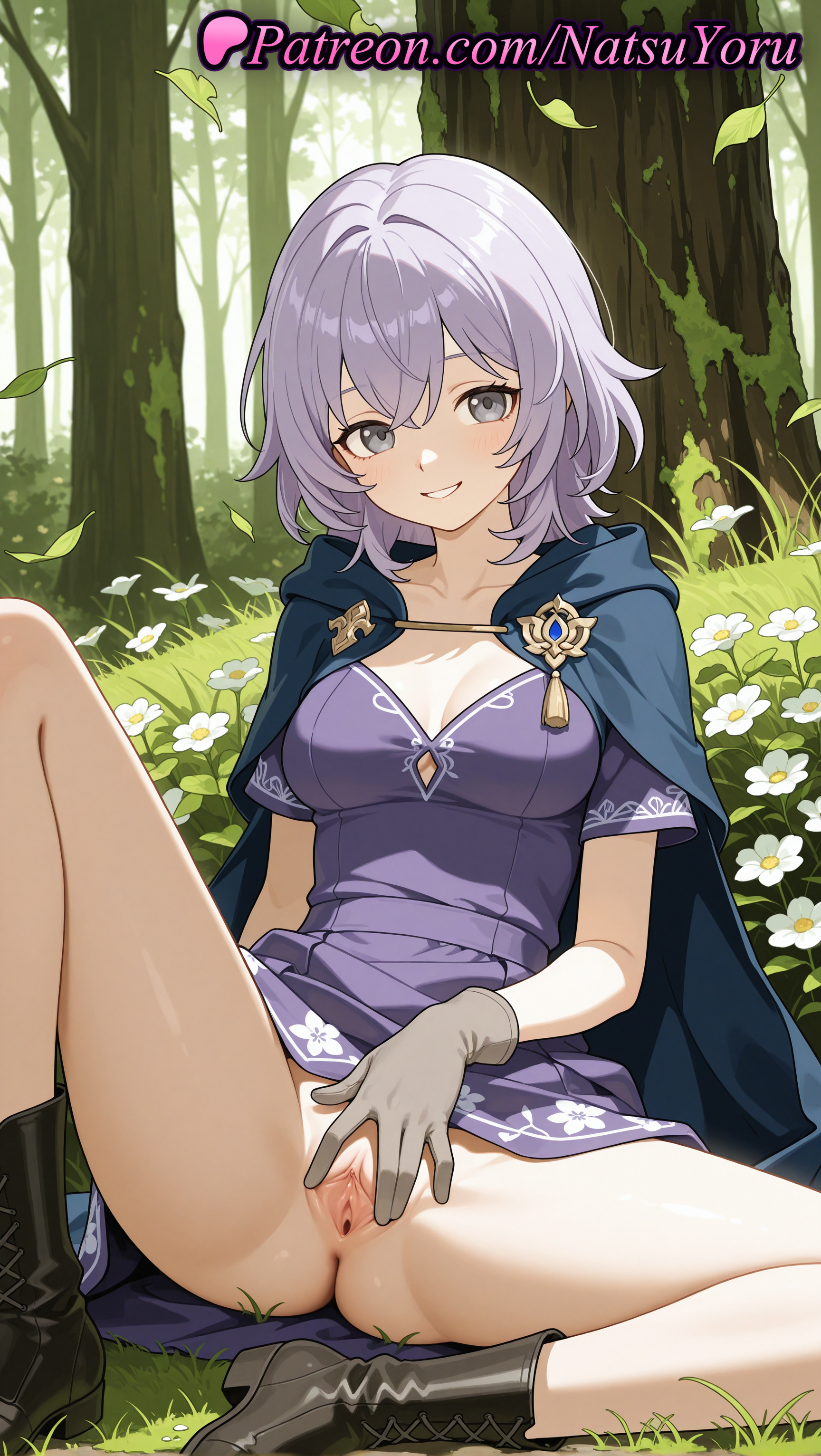 1girls, ai generated, anime, anime style, anus, ass, asshole, bangs, black footwear, blue cape, blush, boots, breasts, brown gloves, bust, busty, cape, cleavage, clitoris, cloak, clothes lift, collarbone, day, dress, dress lift, female, female focus, female only, flower, forest, gloves, grass, grey eyes, grey hair, grin, hair between eyes, hi res, high quality, high resolution, highres, hood, hood down, hooded cloak, knee up, leaf, looking at viewer, medium breasts, medium hair, natsuyoru, nature, no panties, oc, original, original character, outdoors, patreon, presenting, purple dress, purple hair, pussy, pussy lips, pussy peek, short dress, short hair, short sleeves, sitting, smile, solo, solo female, spread legs, spread pussy, thighs, tree, uncensored, vagina, voluptuous, voluptuous female, vulva, white flower