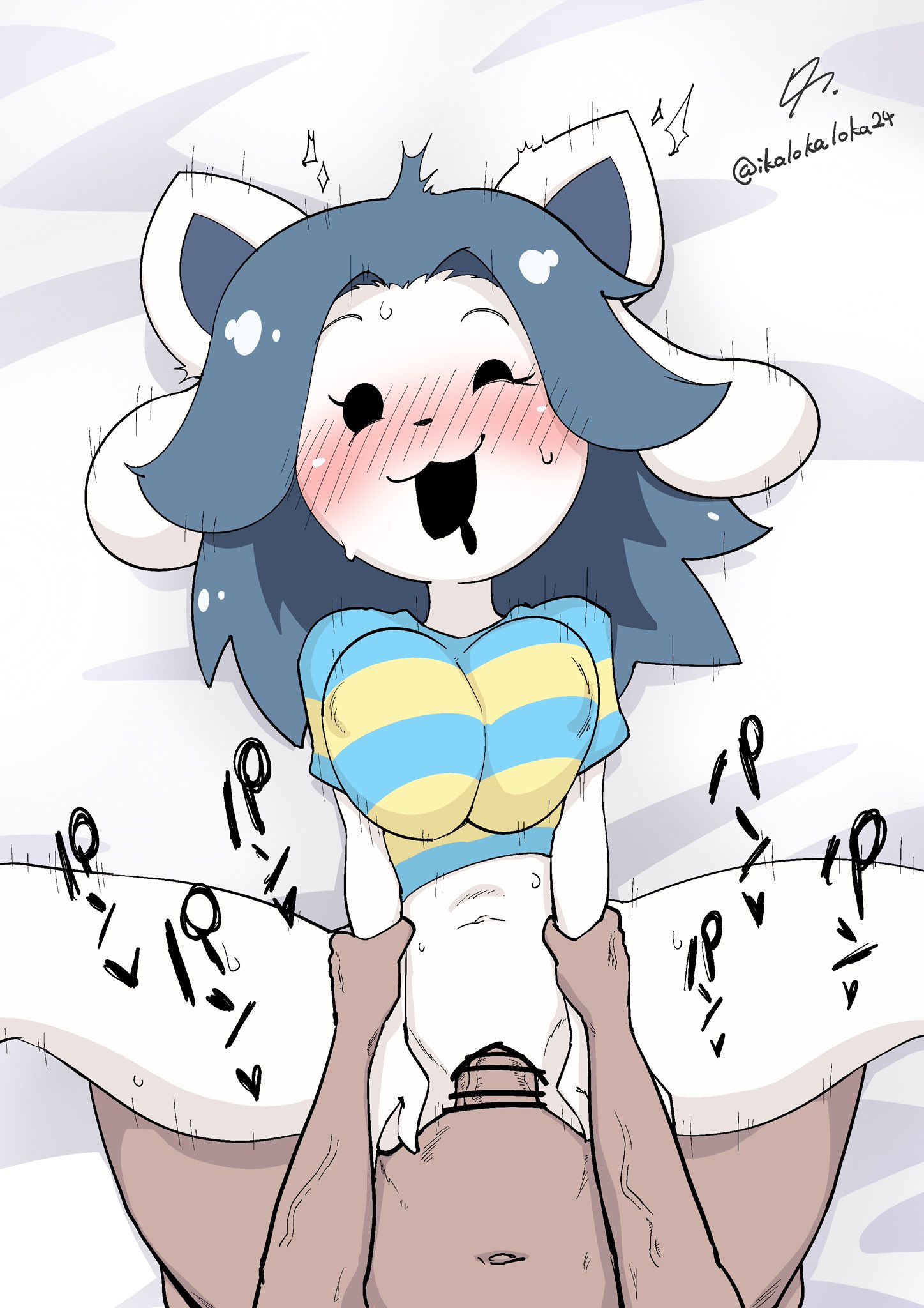 1boy, 1girls, bar censor, blush, blushing female, boobs, breasts, censored, censored penis, female, ikalokaloka24, male, navel, open mouth, sex, temmie (undertale), thick thighs, thighs, tits, undertale, undertale (series), vagina, vaginal, vaginal insertion, vaginal penetration, vaginal sex, woman