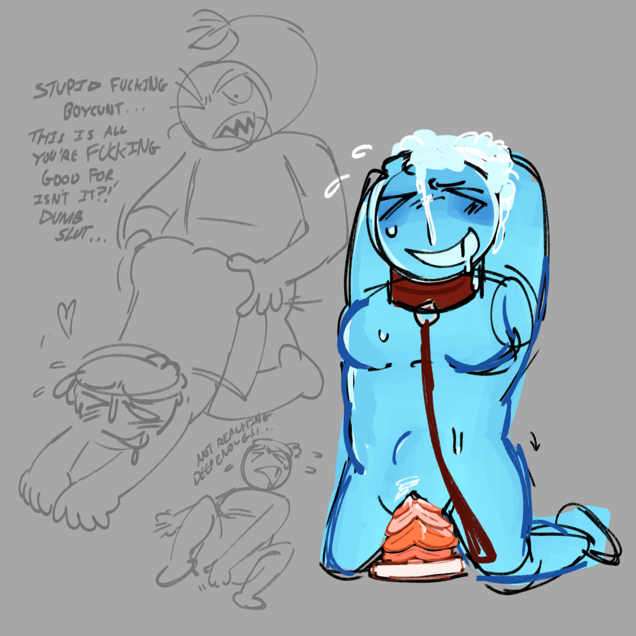 angryfish, arms behind head, belly bulge, big dildo, blue skin, blush, closed eyes, collar, cuntboy, dandy's world, degradation text, dirty talk, doggy style, finn (dandy's world), intersex, leash and collar, masturbation, object head, pussy, riding dildo, shrimpo (dandy's world), smiling, sweating, vanergosum