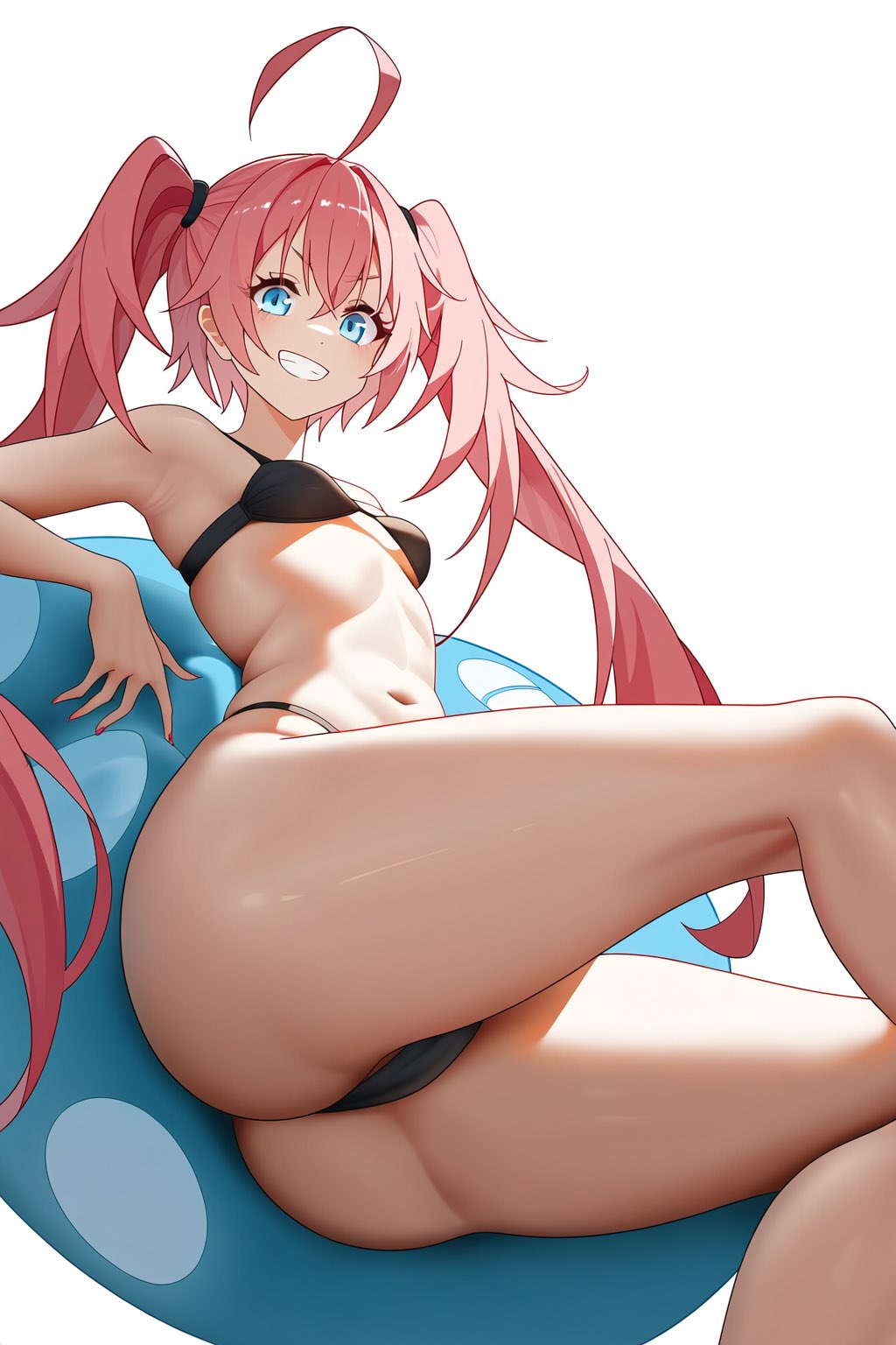 ahoge armpits arrogant ass bangs bare_shoulders bikini black_bikini black_swimsuit blue_eyes blush breasts clothing female grin hair_between_eyes huge_ass large_ass legs long_hair looking_at_viewer lying milim_nava nail_polish navel pink_hair ponytail simple_background small_breasts smile solo stomach swimsuit teeth tensei_shitara_slime_datta_ken thick_ass thighs tied_hair twintails very_long_hair white_background