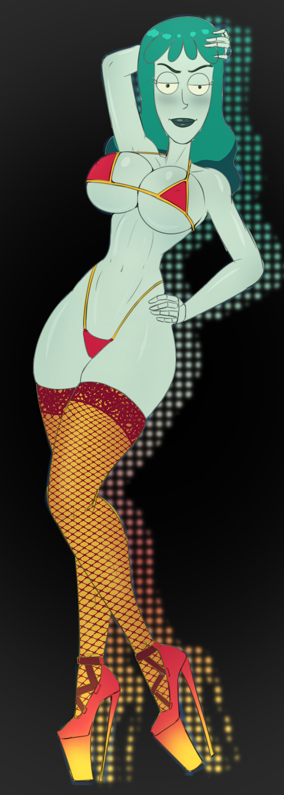 adult_swim bikini bimbo breasts child_bearing_hips color curvy diklonius female female_only fishnets green_hair green_lipstick green_skin high_heels huge_breasts looking_at_viewer planetina rick_and_morty sketch stockings thick_thighs voluptuous wide_hips