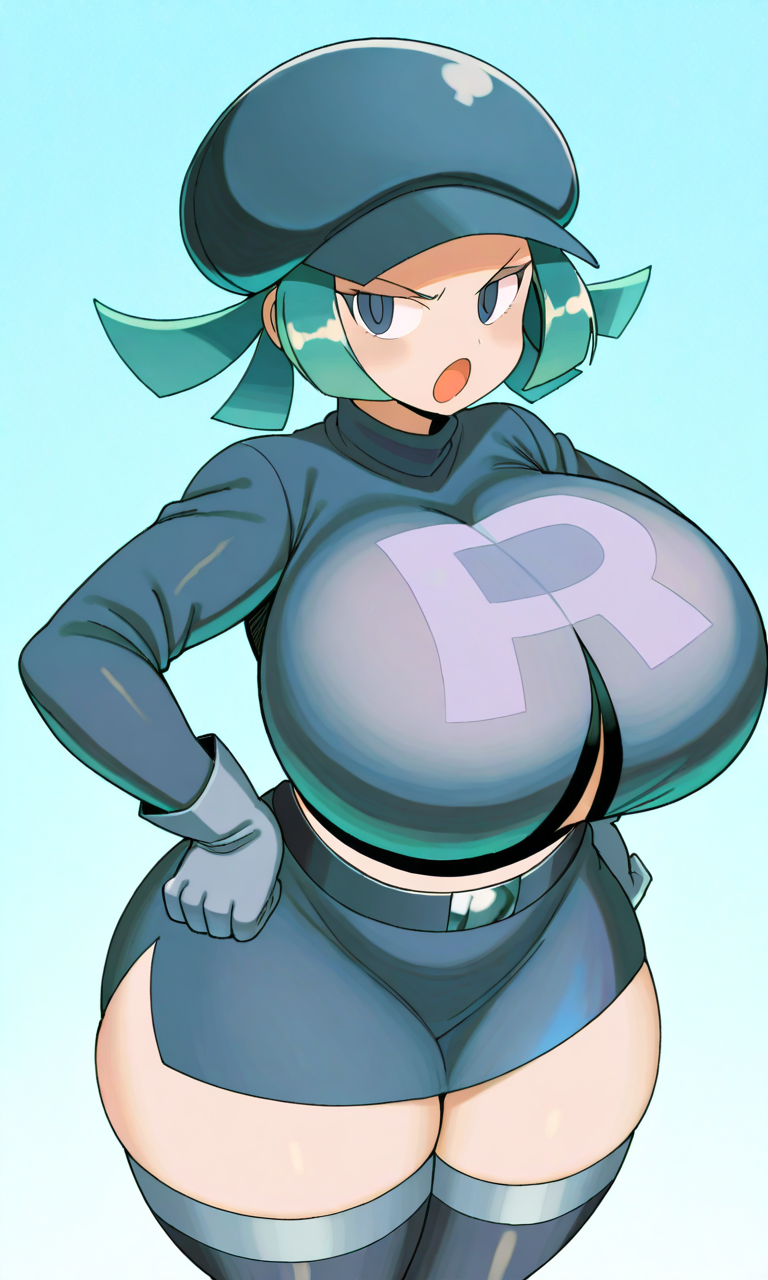 ai_generated angry big_ass big_breasts black_skirt female green_hair pokemon rainbow_rocket_grunt short_hair team_rainbow_rocket_grunt_(female) team_rocket_grunt team_rocket_grunt_(female) team_rocket_uniform teamrocktgrl thick_thighs thighhighs