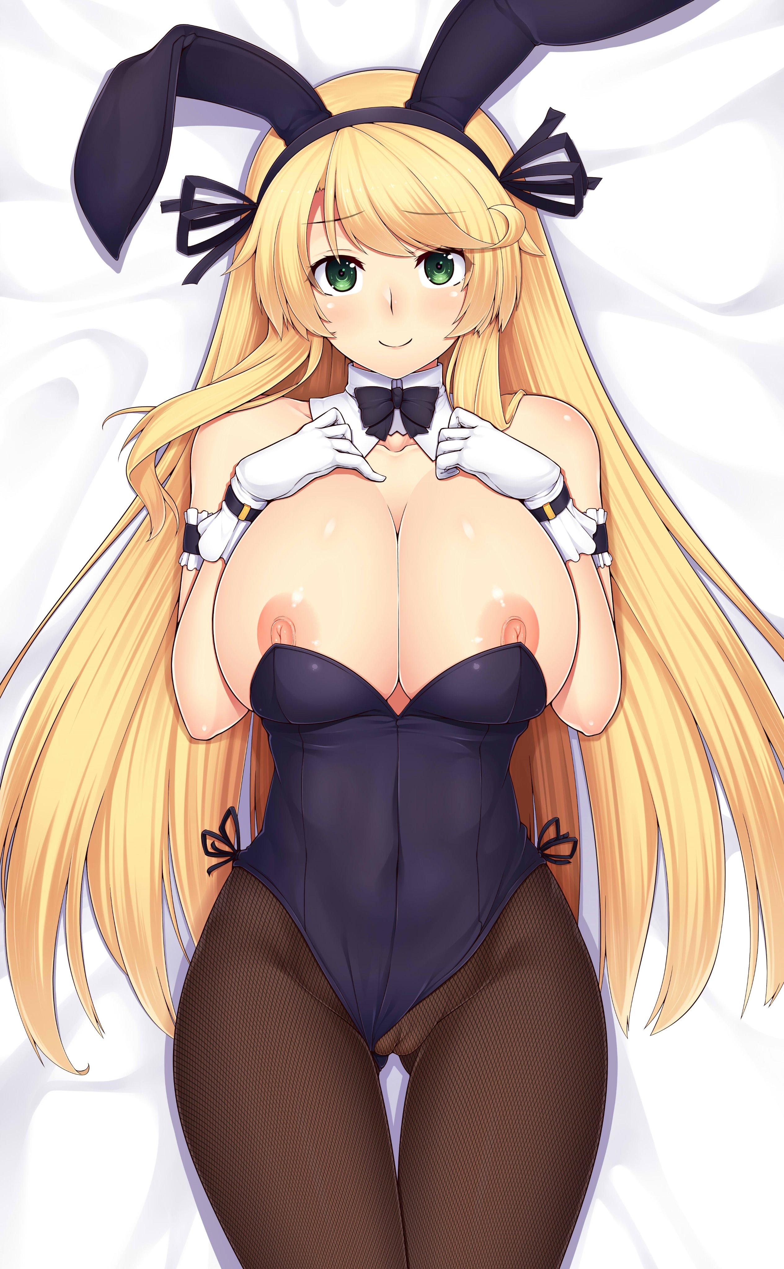 absurdres, alternate costume, animal ears, ao banana, areolae, ass visible through thighs, bangs, bare shoulders, black bow, black bowtie, black leotard, black ribbon, blonde hair, blush, bow, bowtie, breast suppress, breasts, bunny ears, bunnysuit, cameltoe, cowboy shot, detached collar, fake animal ears, female, fishnet pantyhose, fishnets, gloves, green eyes, hair ribbon, hairband, highres, katsuragi (senran kagura), large breasts, leotard, leotard aside, long hair, looking at viewer, lying, nipple slip, nipples, on back, pantyhose, pussy, ribbon, senran kagura, senran kagura (series), sidelocks, smile, solo, swept bangs, thigh gap, very long hair, white gloves